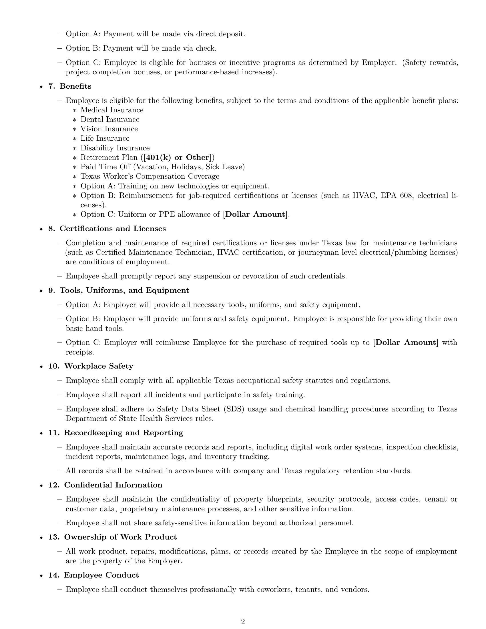 Preview page 2 of Free Texas maintenance technician employment contract template