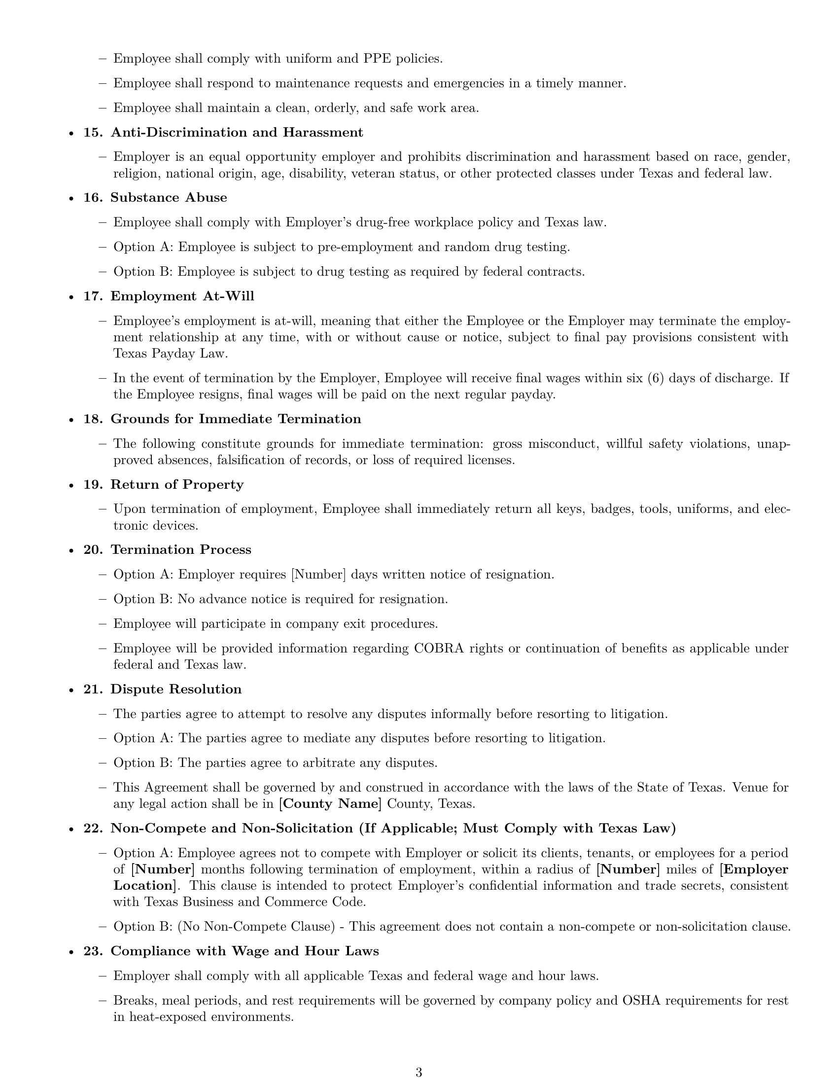 Preview page 3 of Free Texas maintenance technician employment contract template