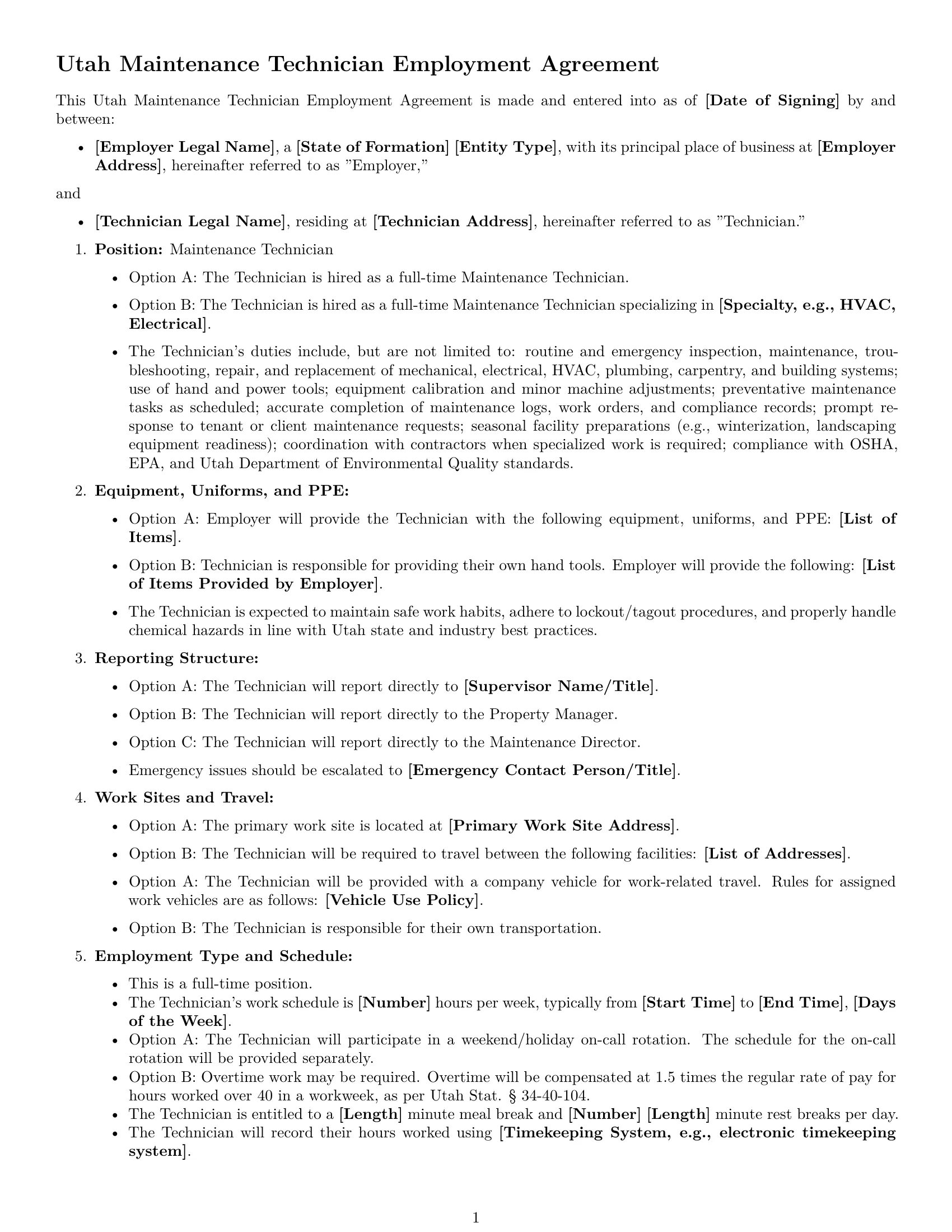 Preview page 1 of Free Utah maintenance technician employment contract template