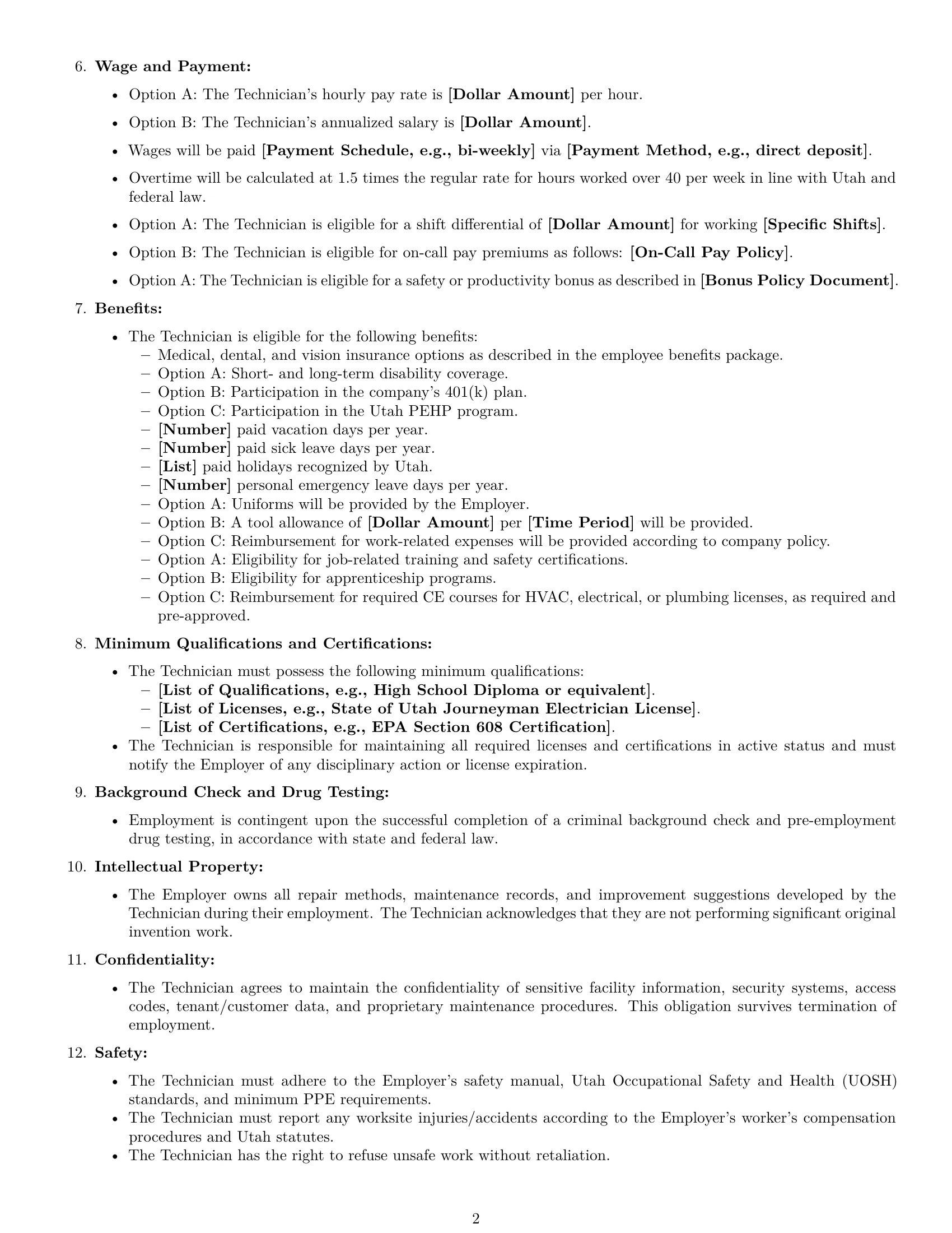 Preview page 2 of Free Utah maintenance technician employment contract template