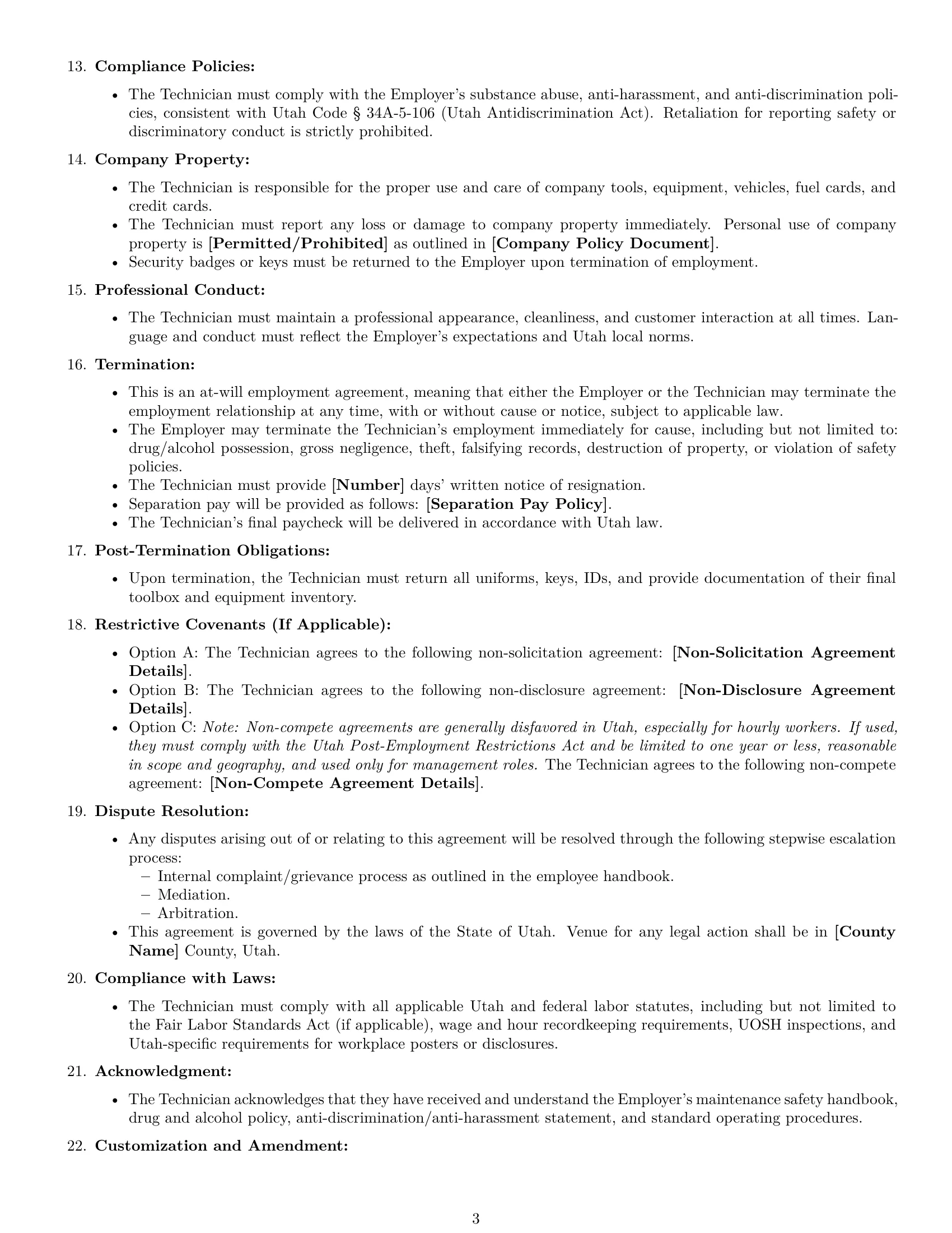 Preview page 3 of Free Utah maintenance technician employment contract template