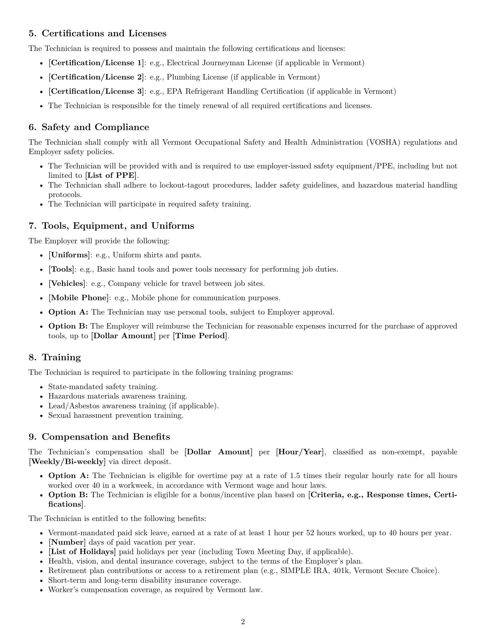 Preview page 2 of Free Vermont maintenance technician employment contract template