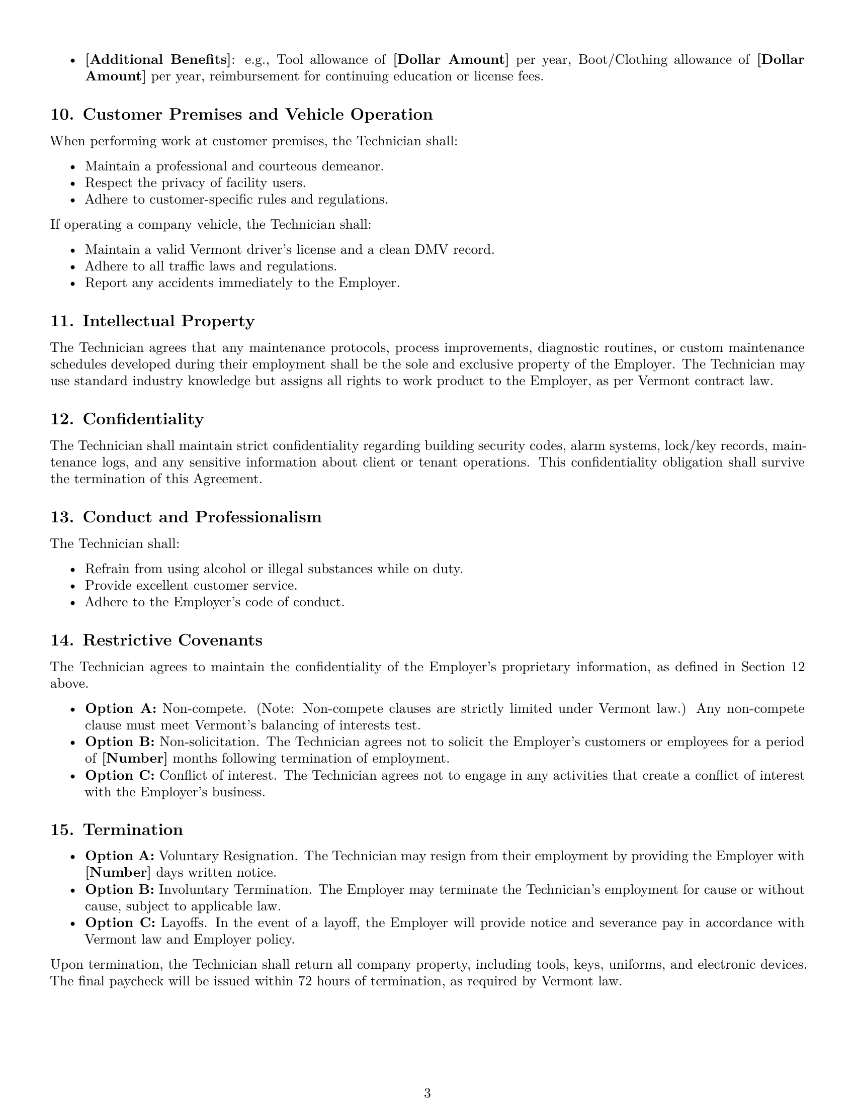 Preview page 3 of Free Vermont maintenance technician employment contract template