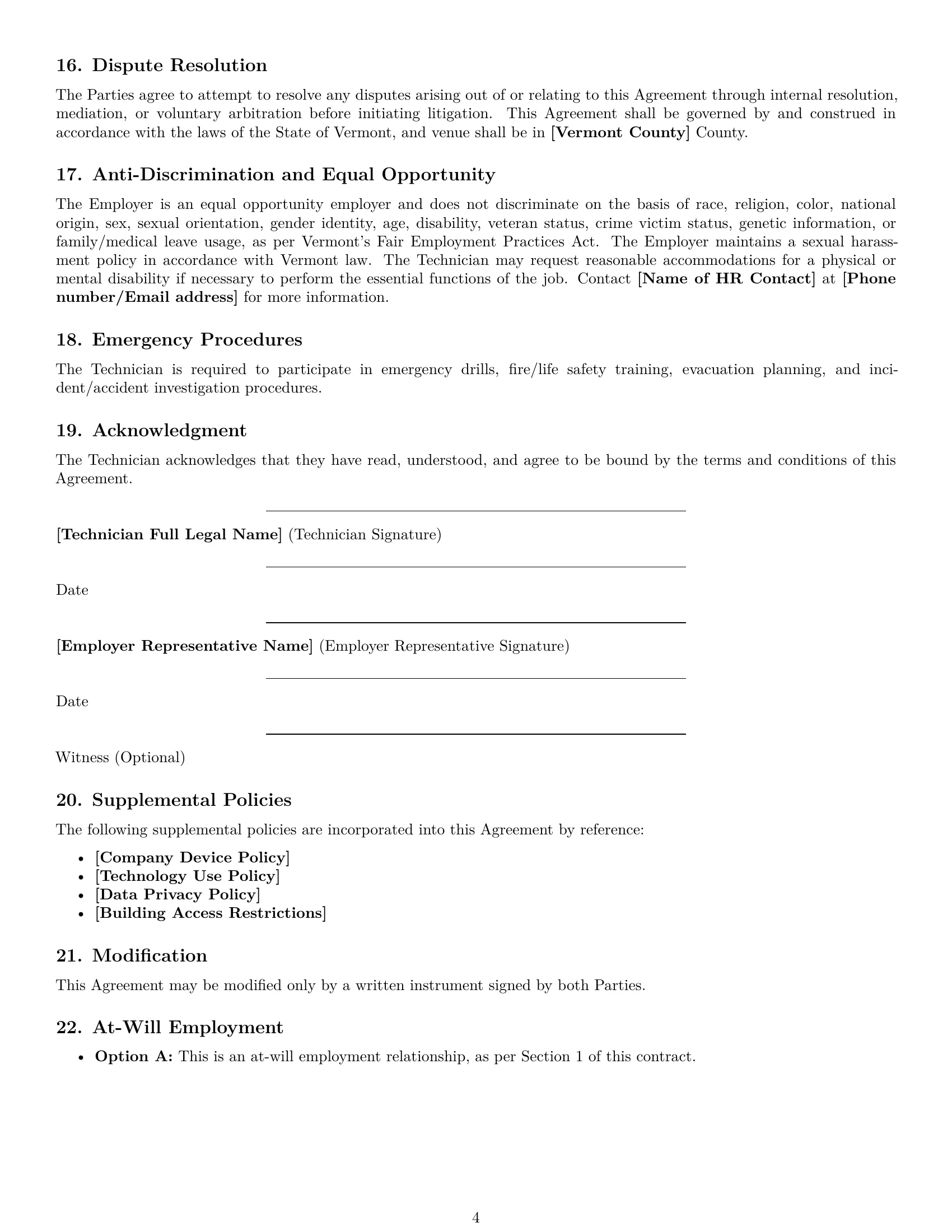 Preview page 4 of Free Vermont maintenance technician employment contract template