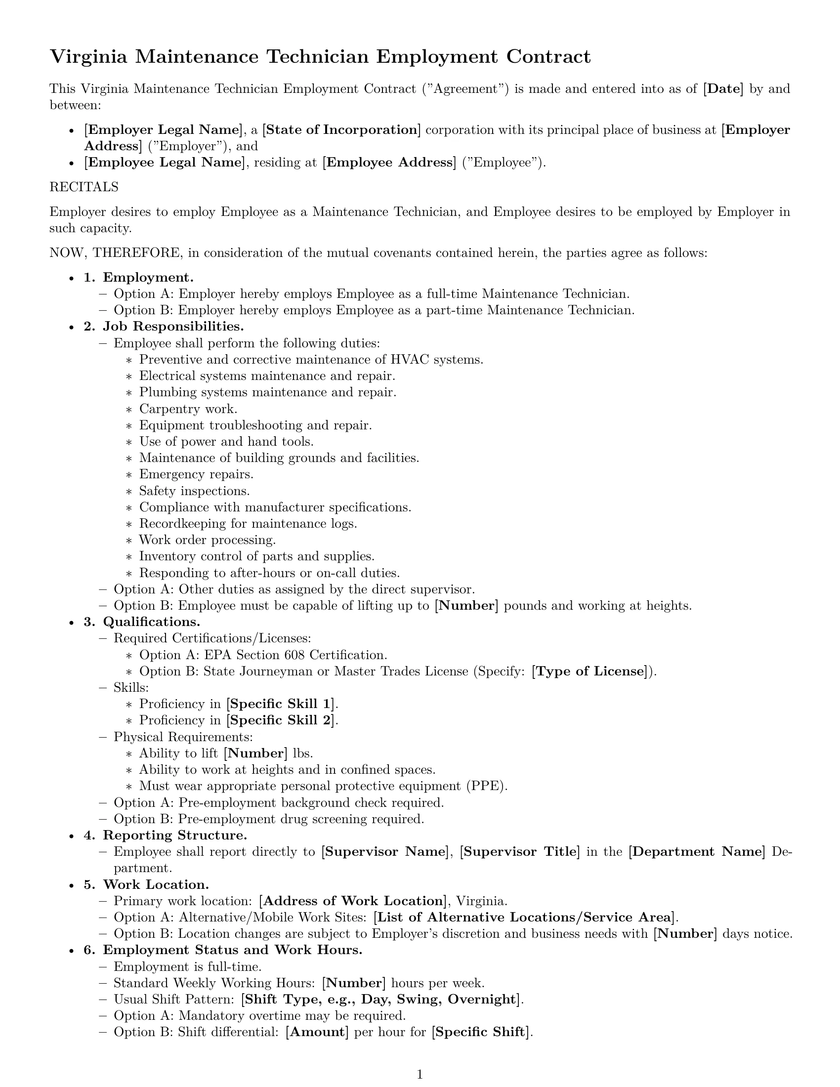 Preview page 1 of Free Virginia maintenance technician employment contract template
