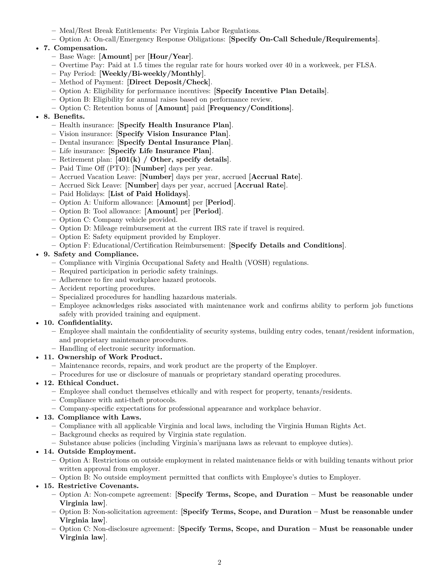 Preview page 2 of Free Virginia maintenance technician employment contract template