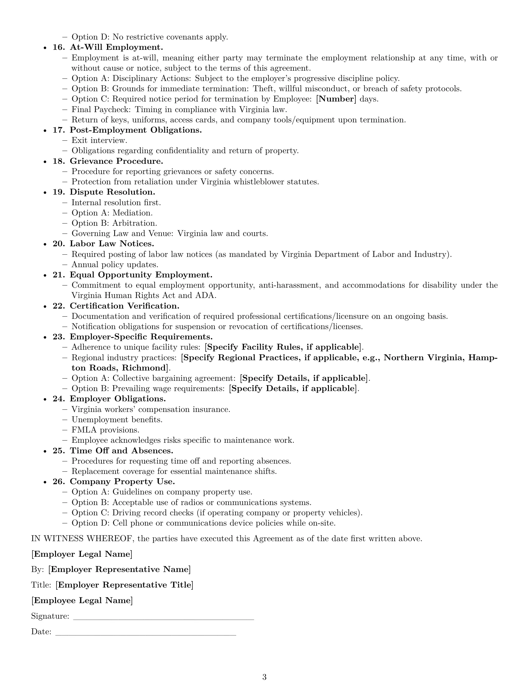 Preview page 3 of Free Virginia maintenance technician employment contract template