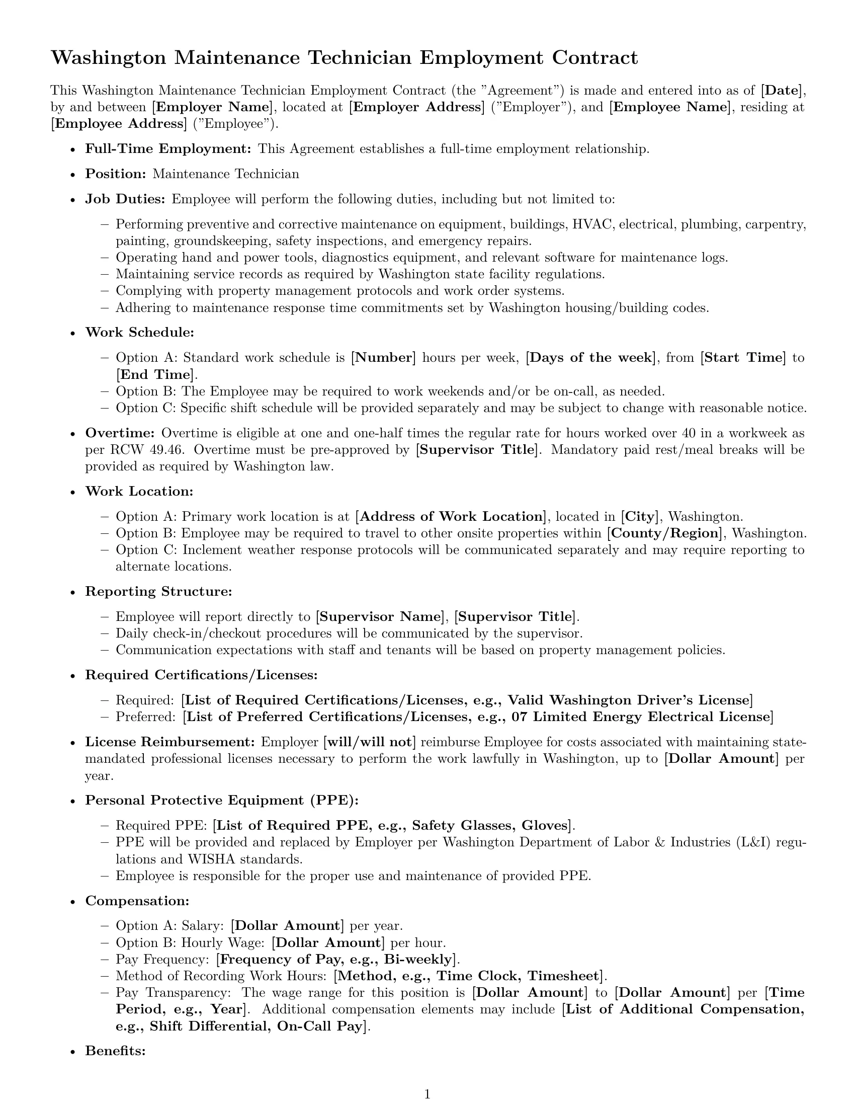 Preview page 1 of Free Washington maintenance technician employment contract template