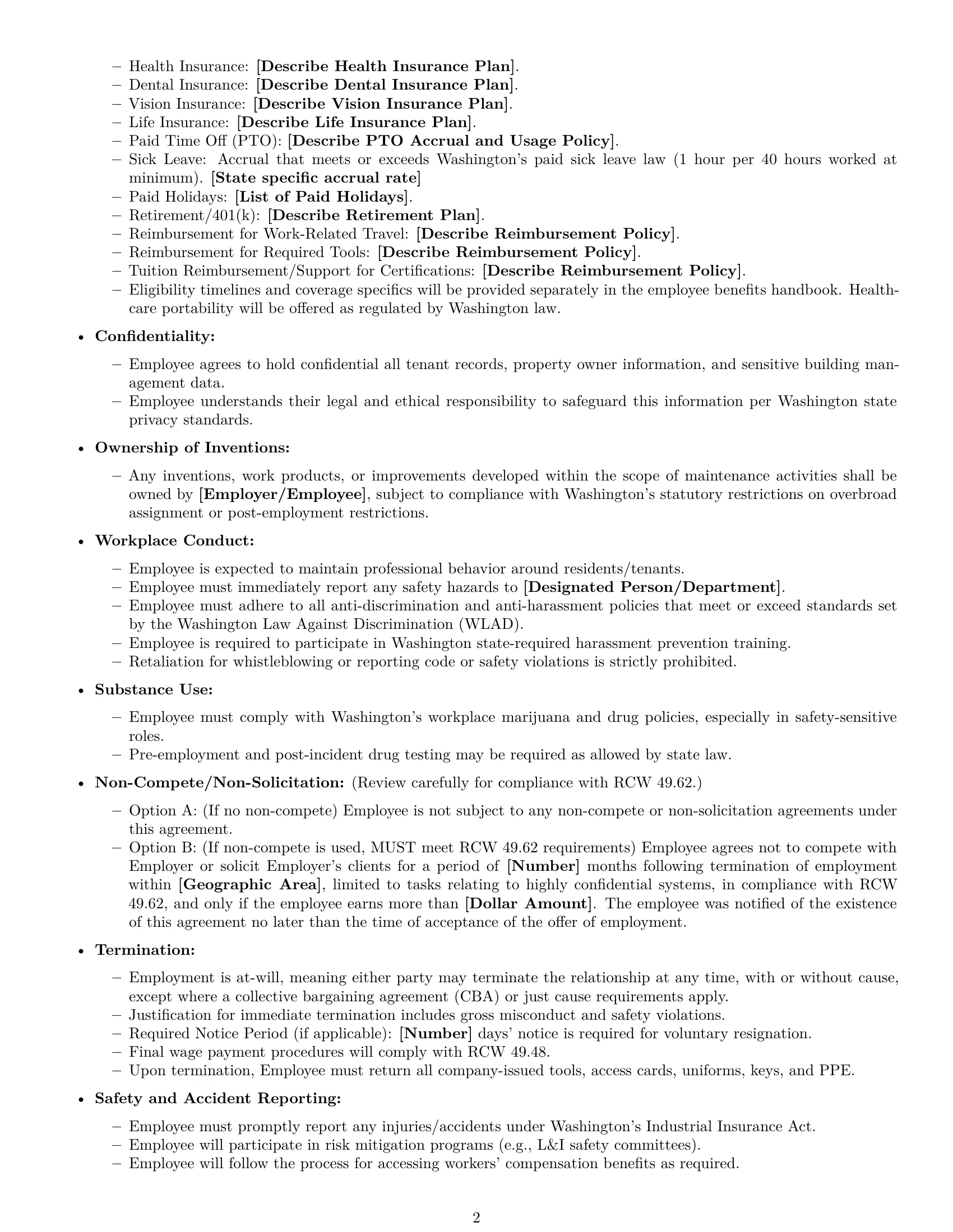 Preview page 2 of Free Washington maintenance technician employment contract template