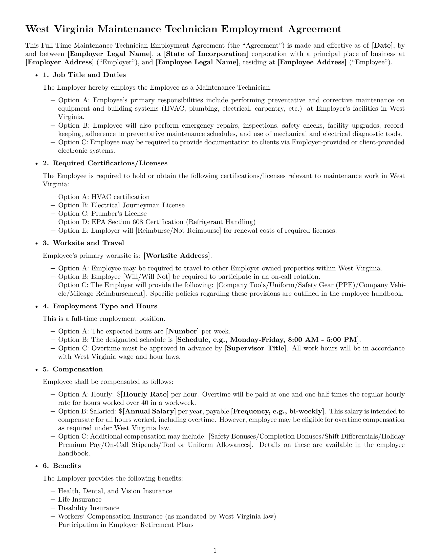 Preview page 1 of Free West Virginia maintenance technician employment contract template
