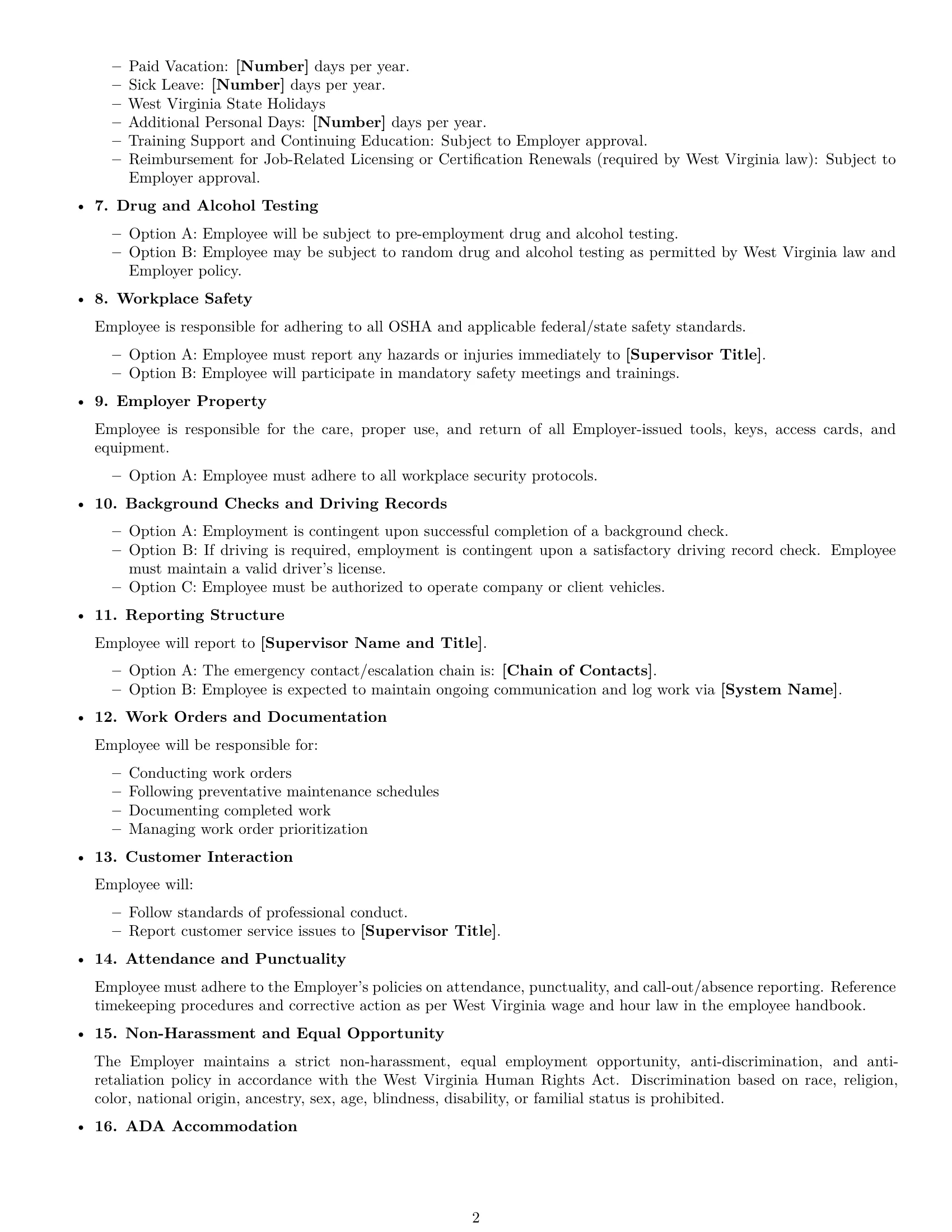 Preview page 2 of Free West Virginia maintenance technician employment contract template