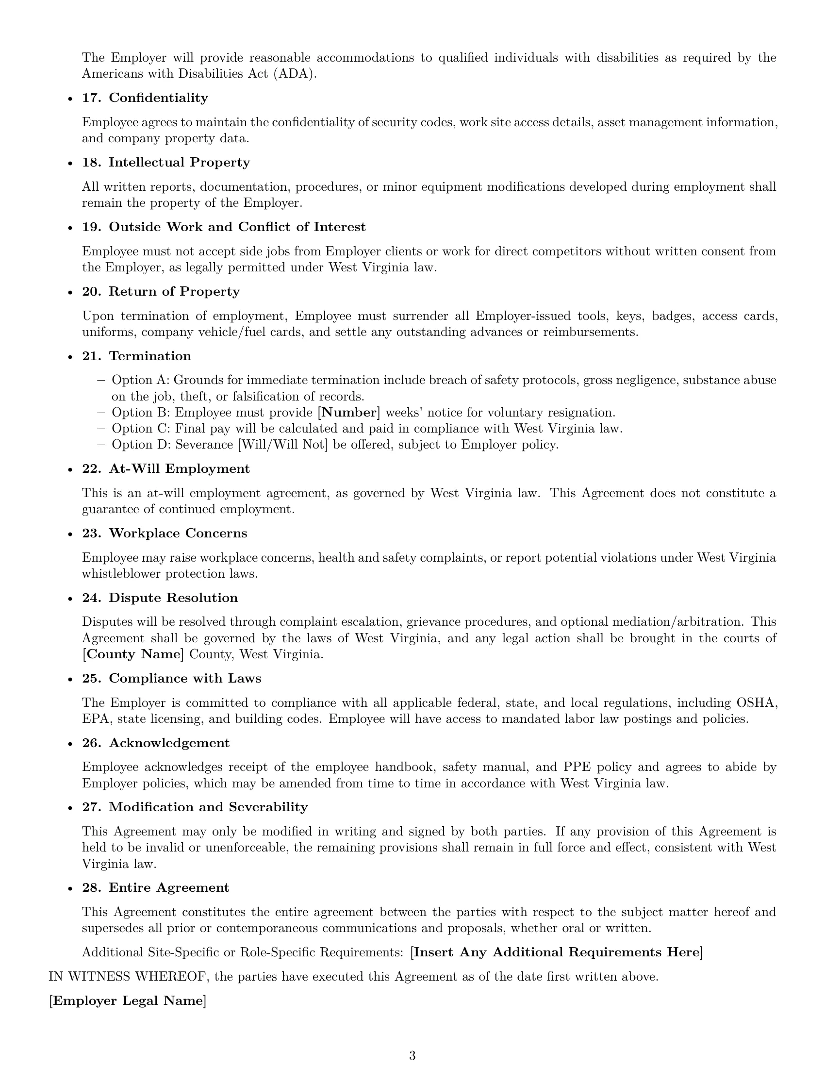 Preview page 3 of Free West Virginia maintenance technician employment contract template