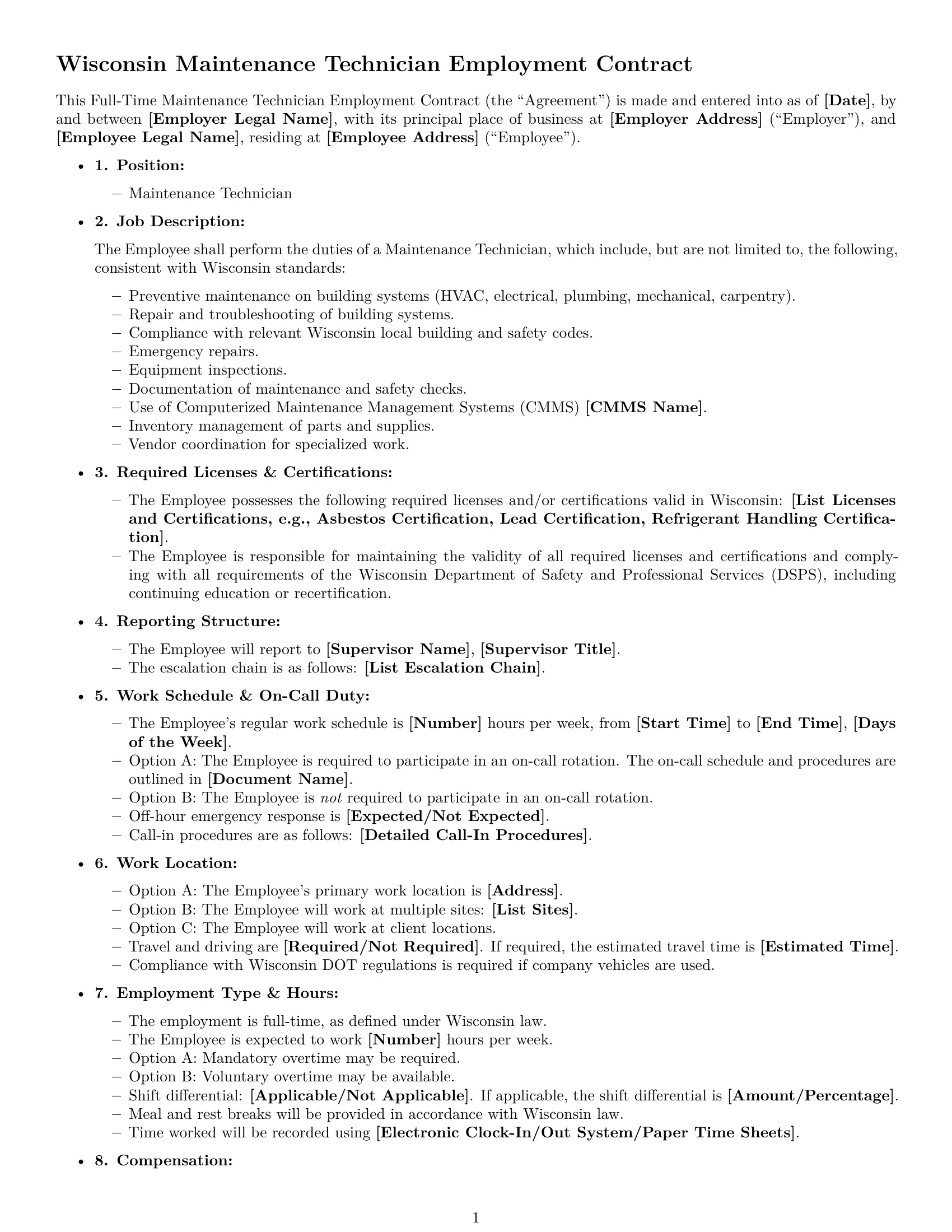 Preview page 1 of Free Wisconsin maintenance technician employment contract template