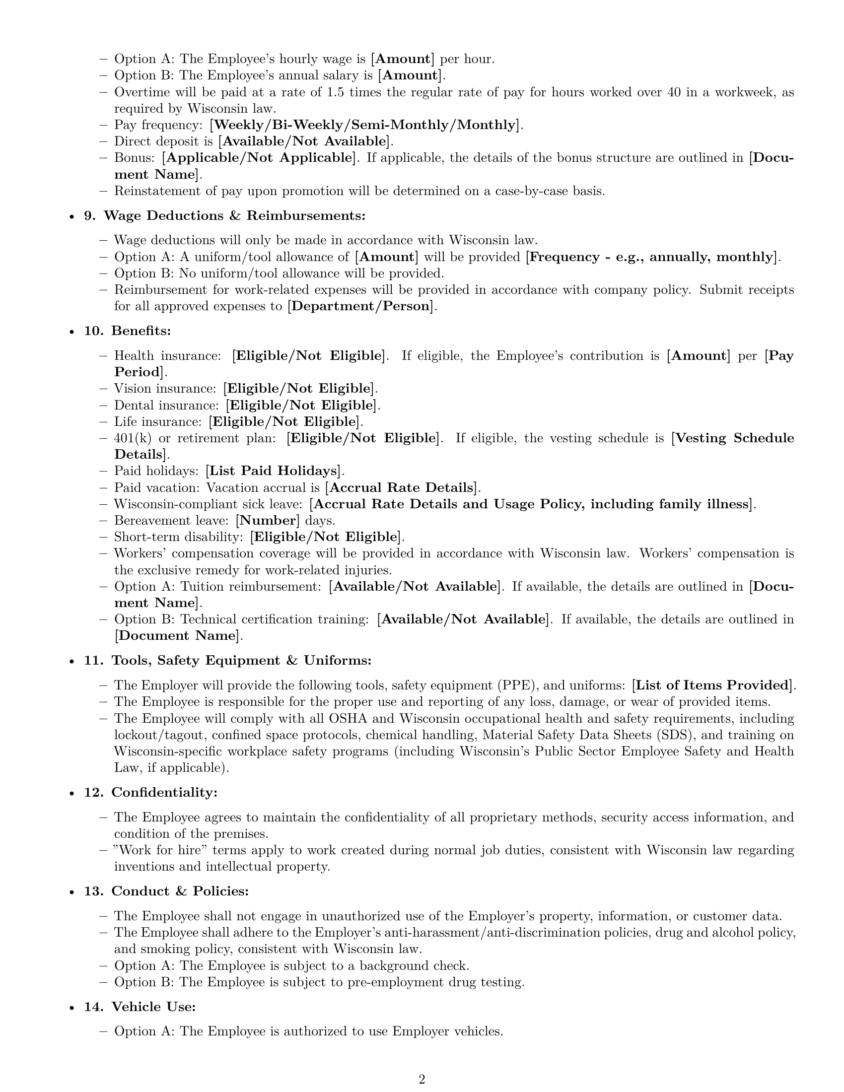 Preview page 2 of Free Wisconsin maintenance technician employment contract template