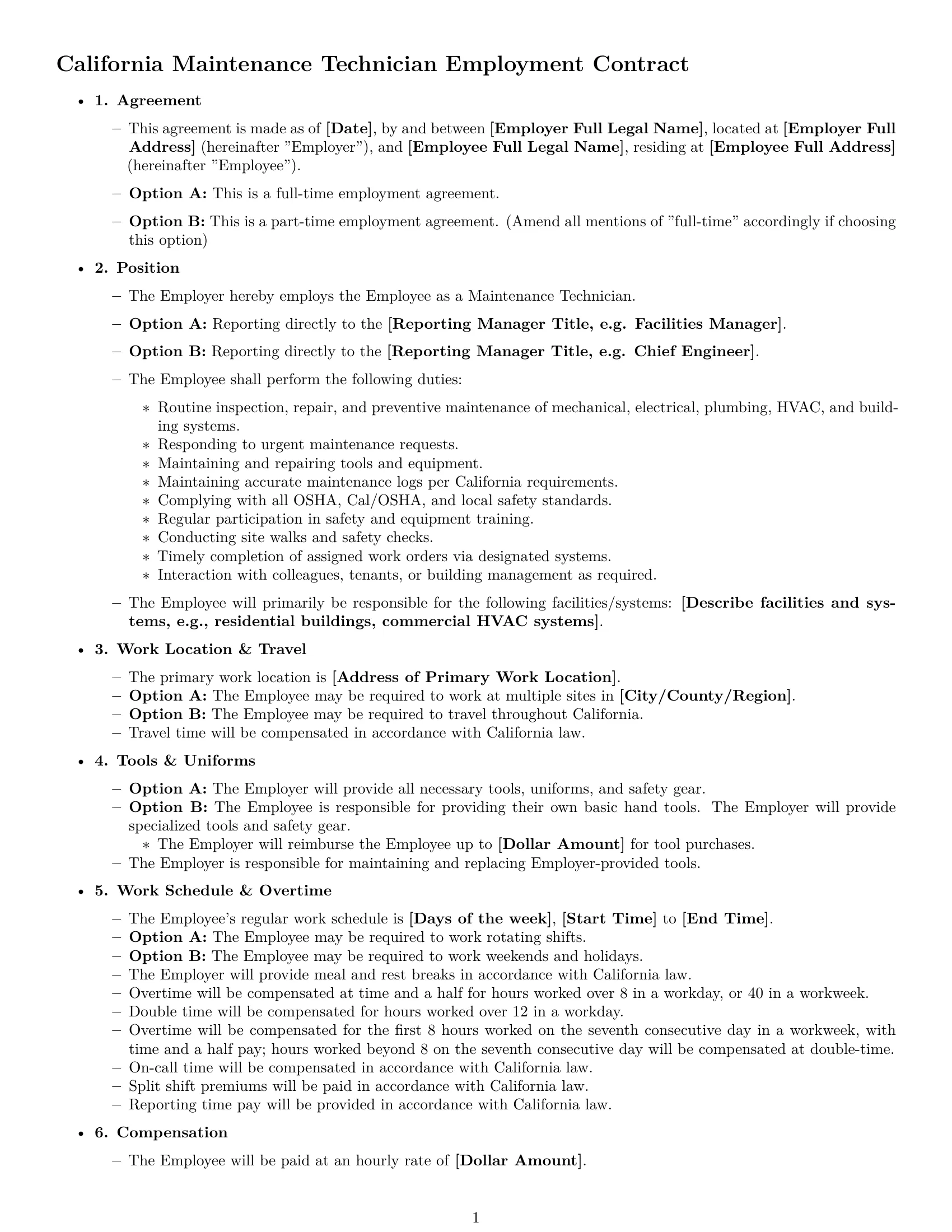 Preview page 1 of Free California maintenance technician employment contract template