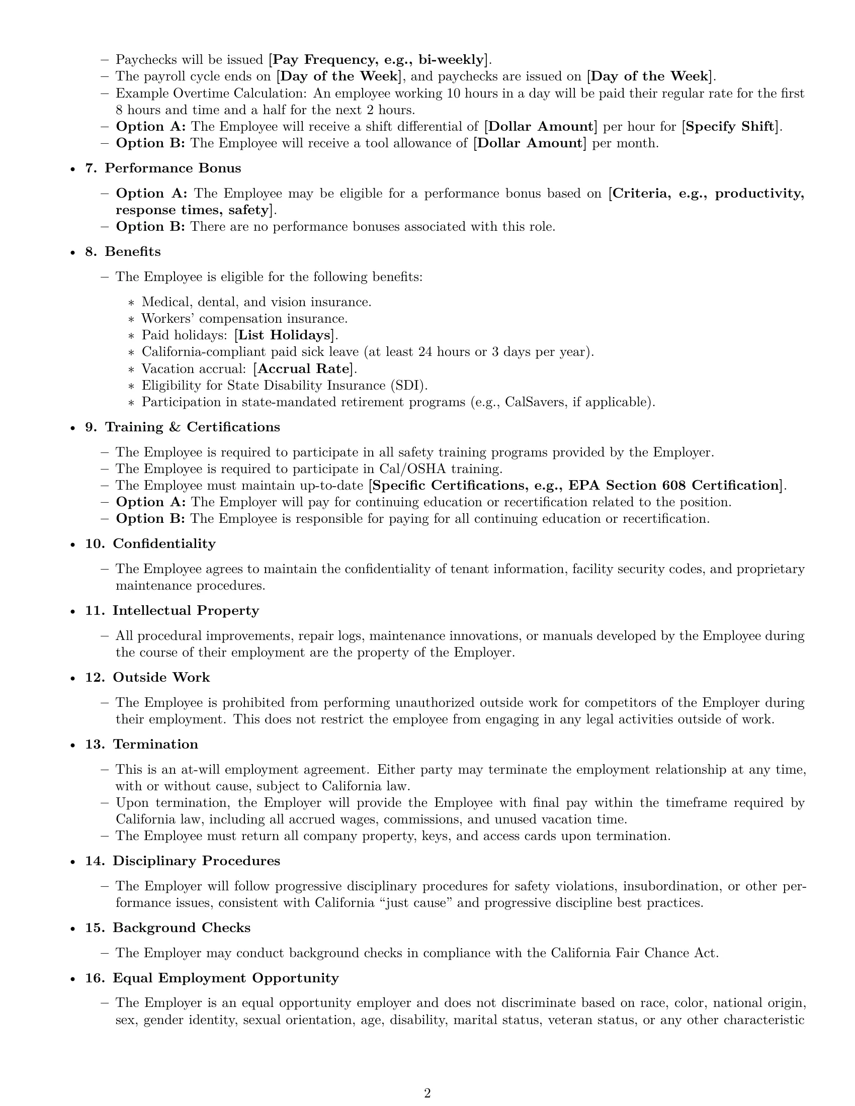 Preview page 2 of Free California maintenance technician employment contract template