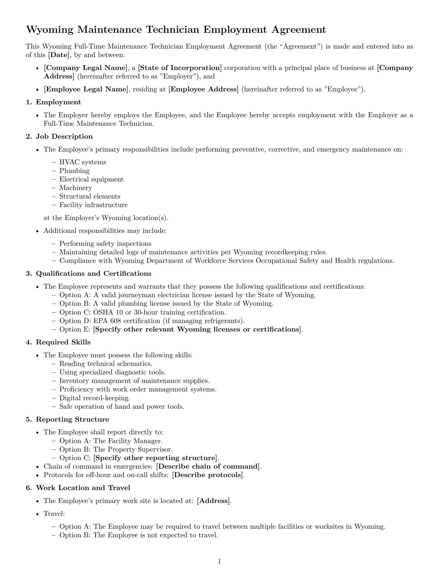 Preview page 1 of Free Wyoming maintenance technician employment contract template