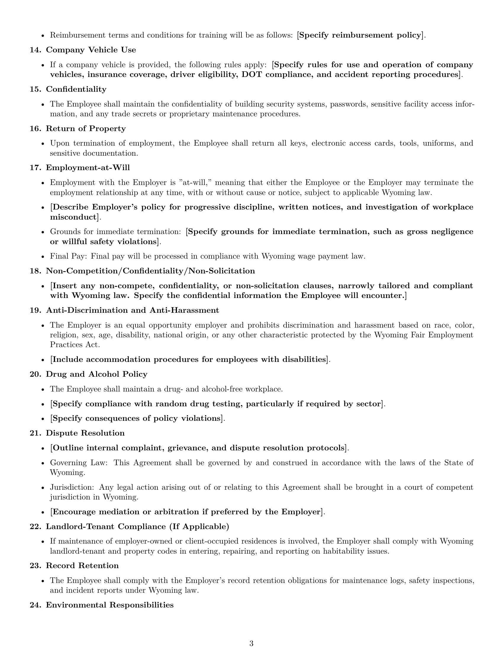 Preview page 3 of Free Wyoming maintenance technician employment contract template