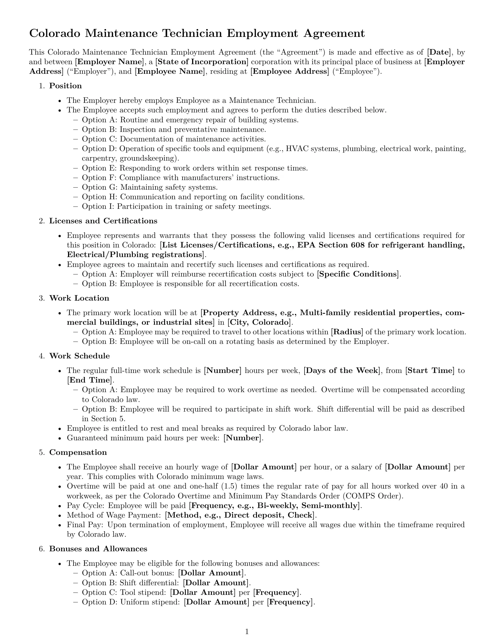 Preview page 1 of Free Colorado maintenance technician employment contract template