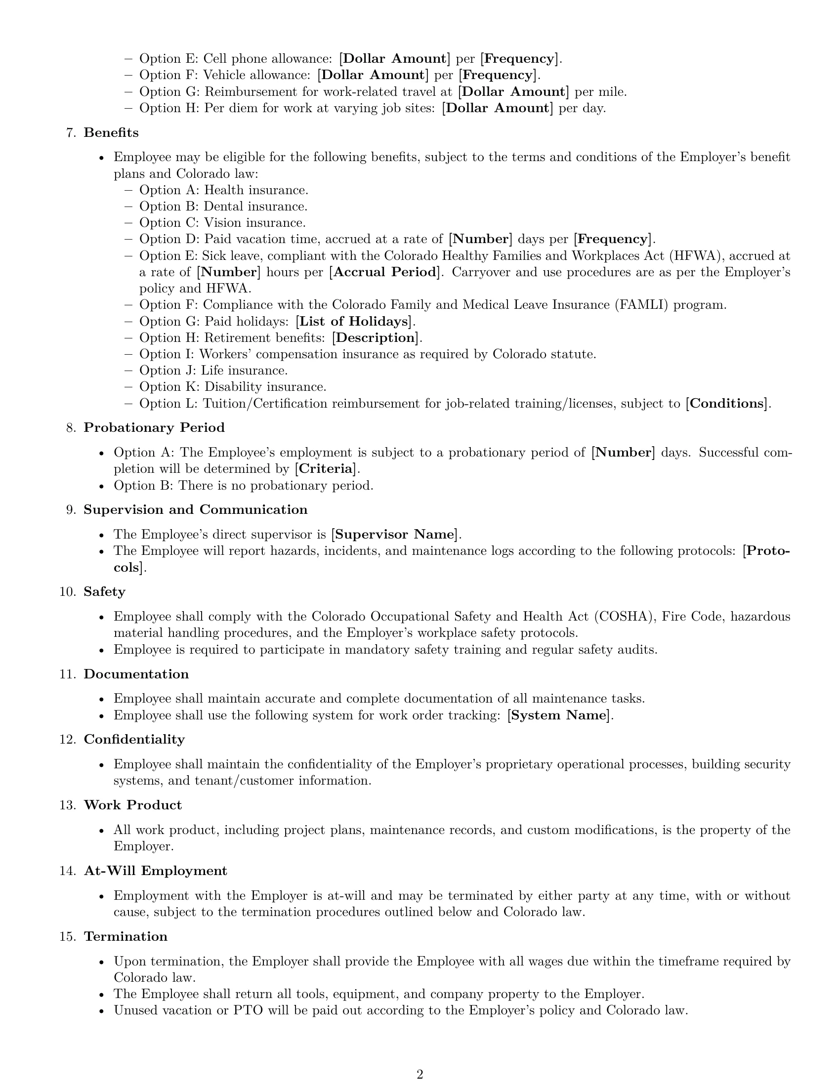 Preview page 2 of Free Colorado maintenance technician employment contract template