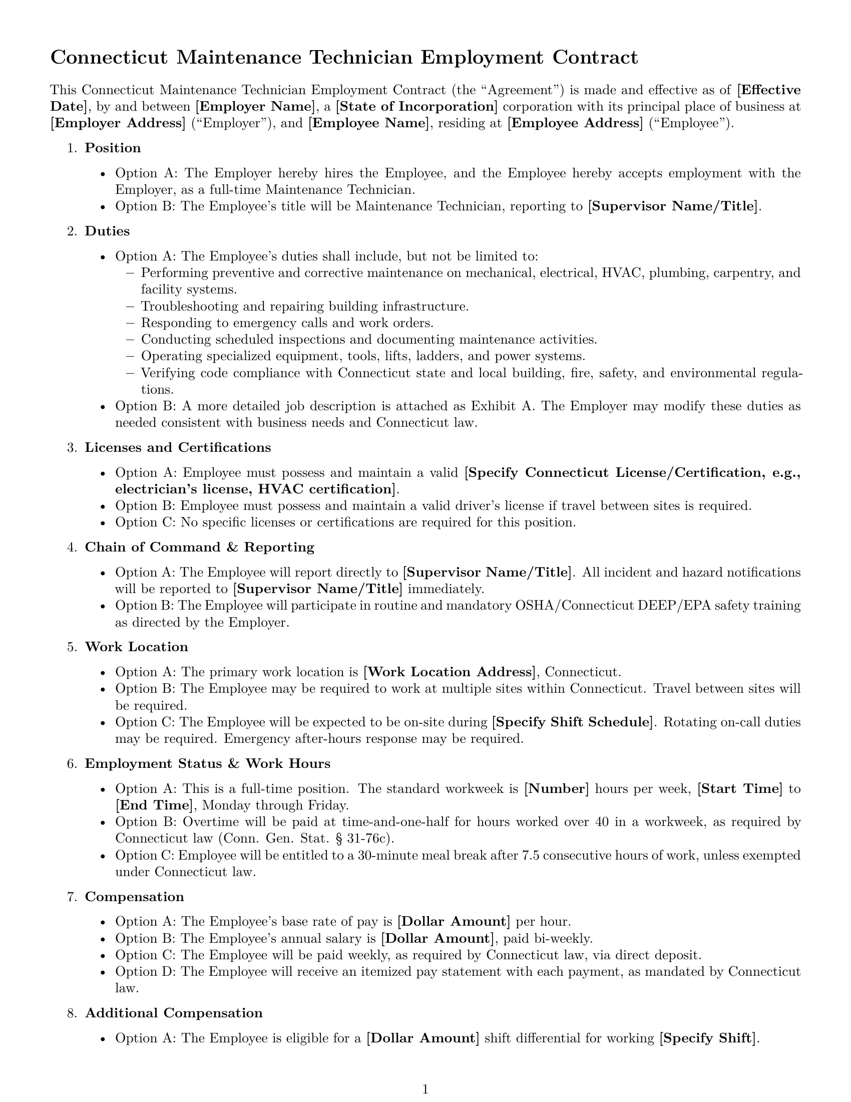 Preview page 1 of Free Connecticut maintenance technician employment contract template