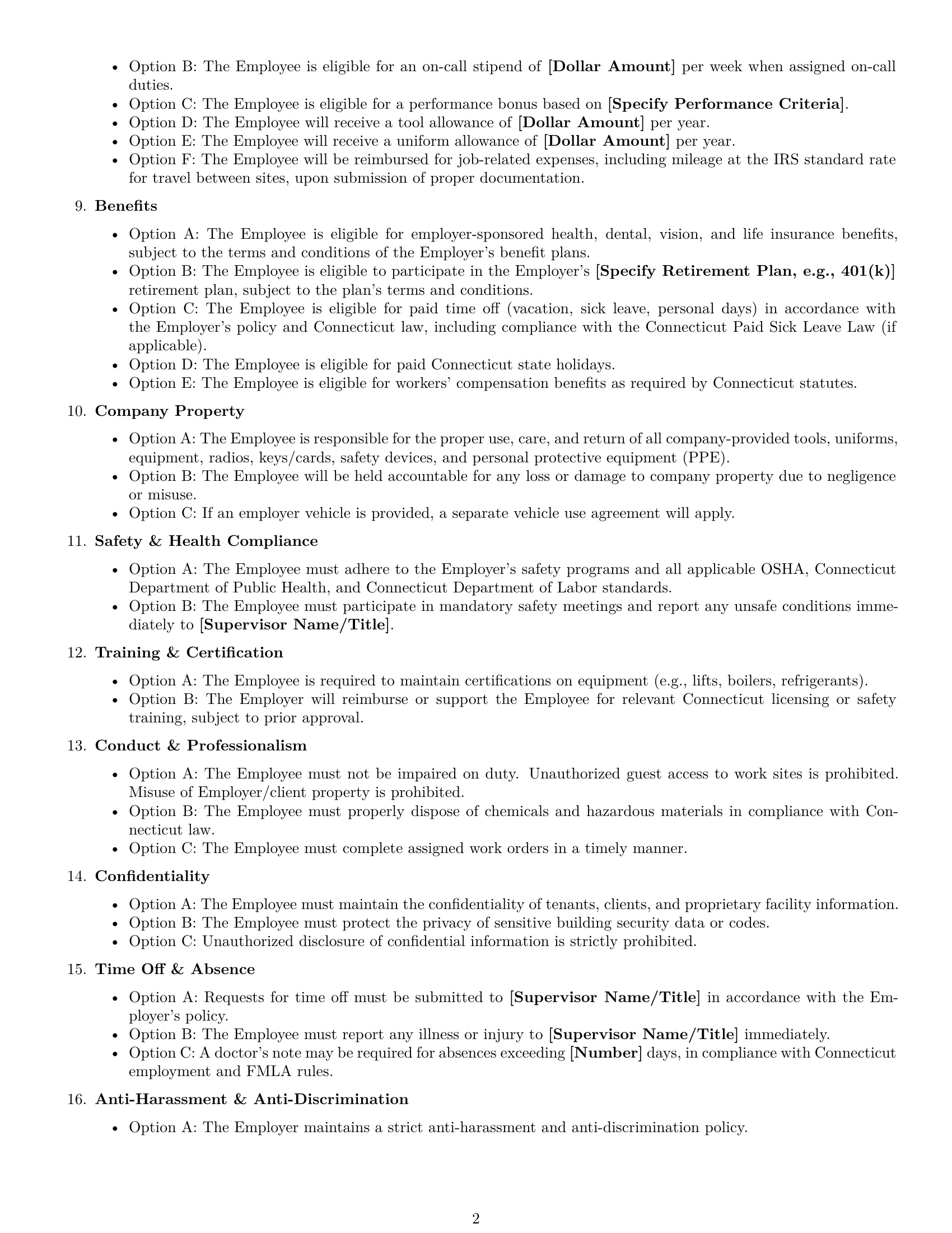 Preview page 2 of Free Connecticut maintenance technician employment contract template