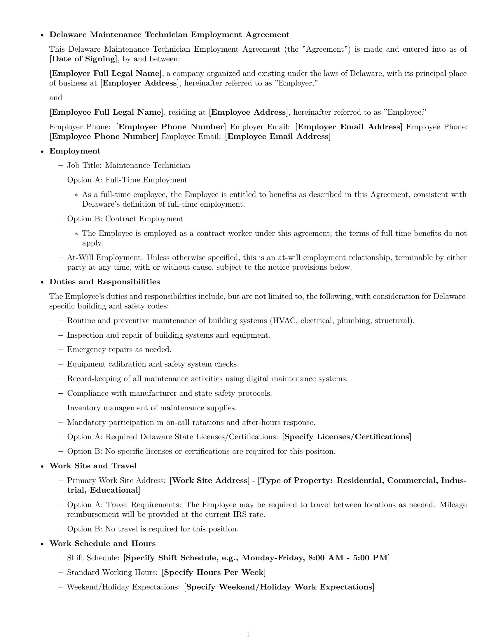 Preview page 1 of Free Delaware maintenance technician employment contract template