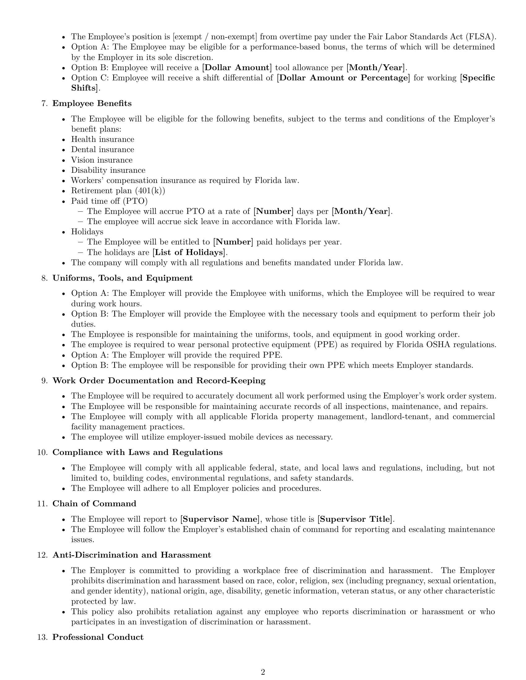 Preview page 2 of Free Florida maintenance technician employment contract template