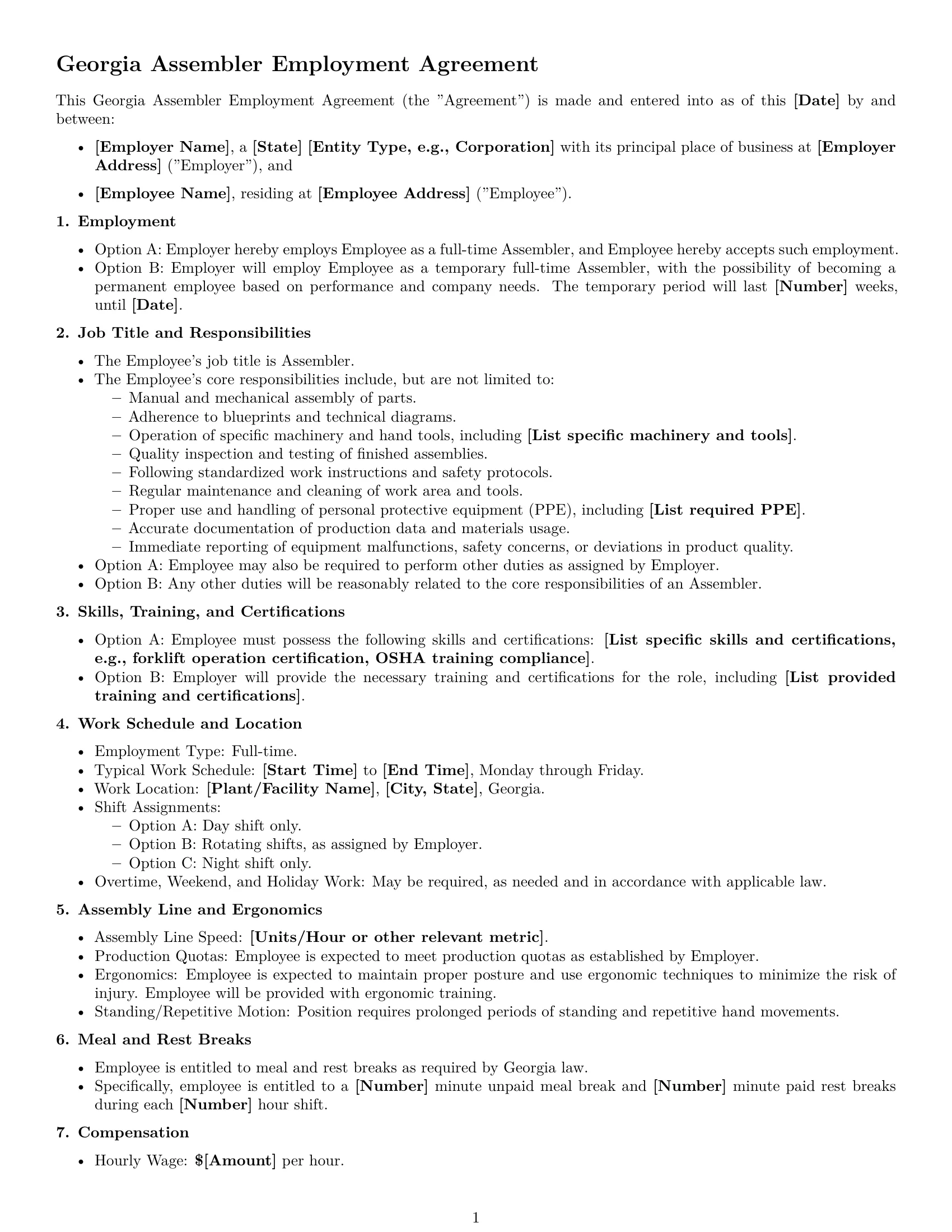 Preview page 1 of Free Georgia assembler employment contract template