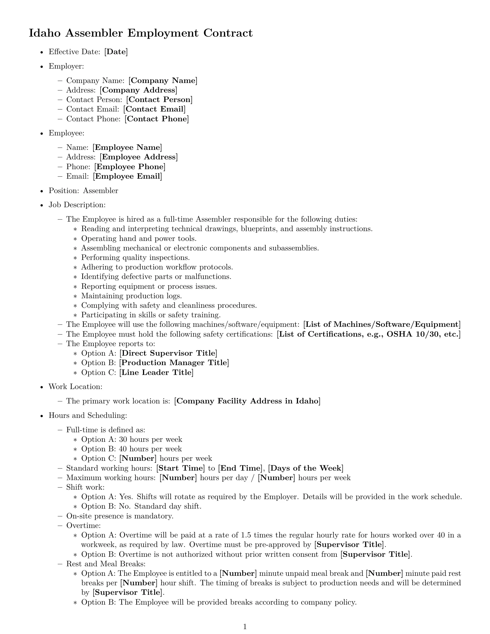Preview page 1 of Free Idaho assembler employment contract template