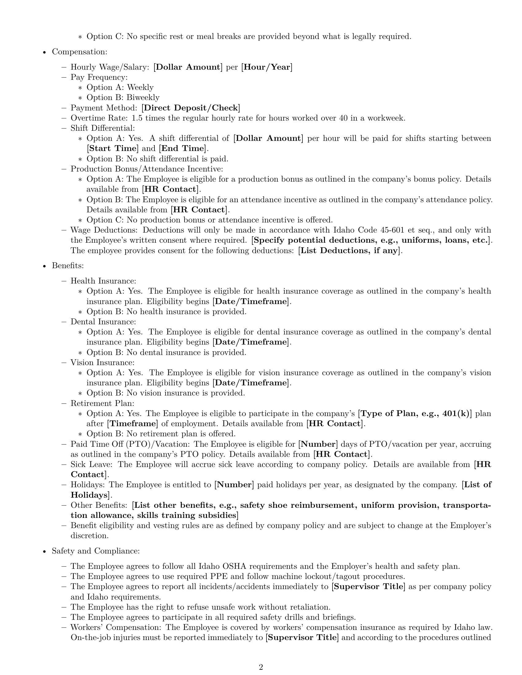 Preview page 2 of Free Idaho assembler employment contract template