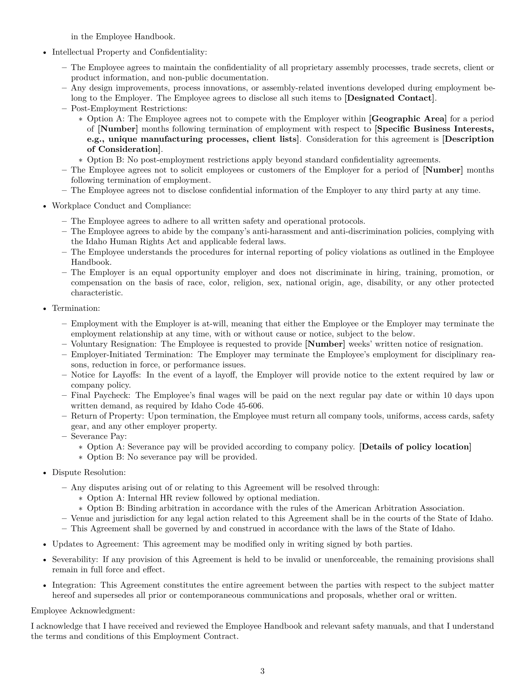 Preview page 3 of Free Idaho assembler employment contract template