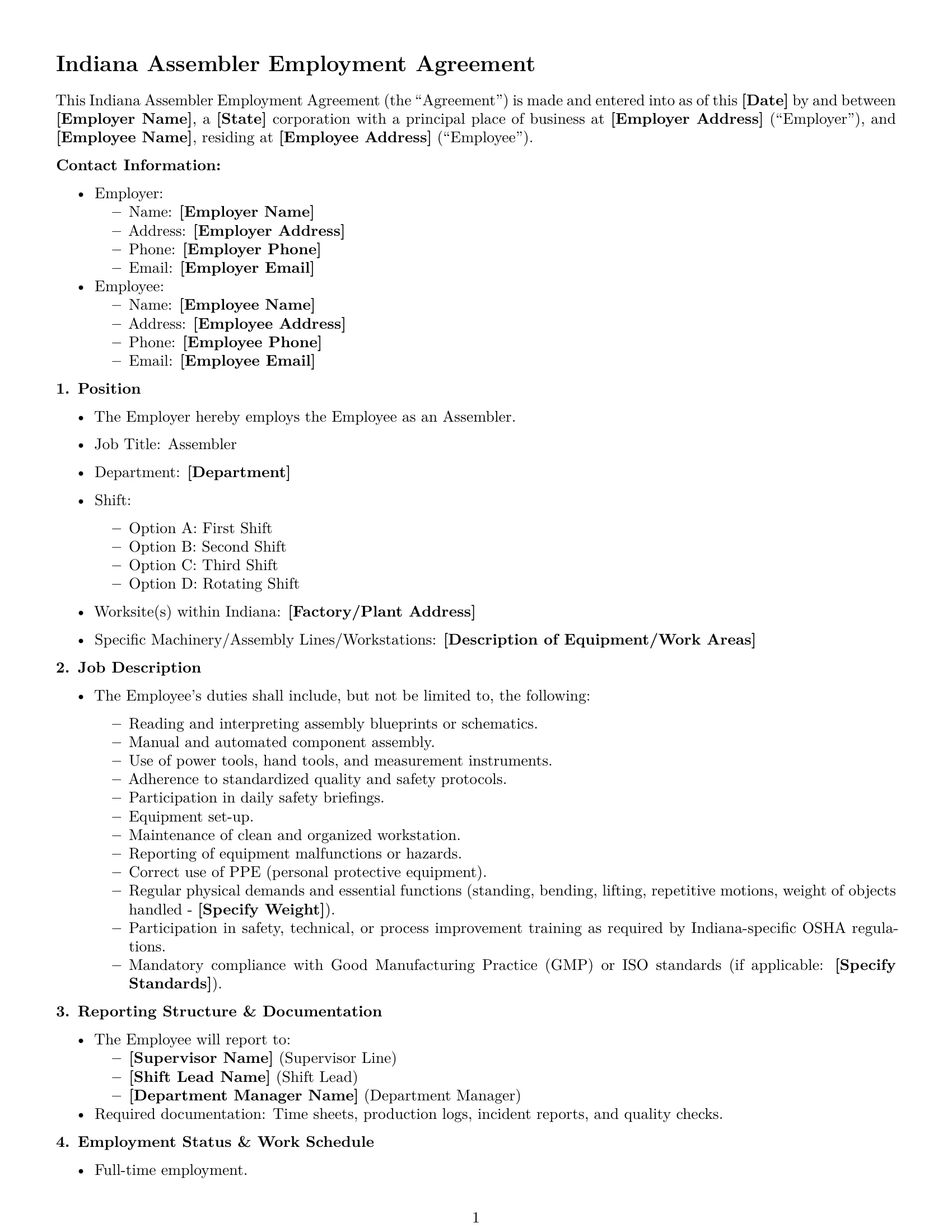 Preview page 1 of Free Indiana assembler employment contract template