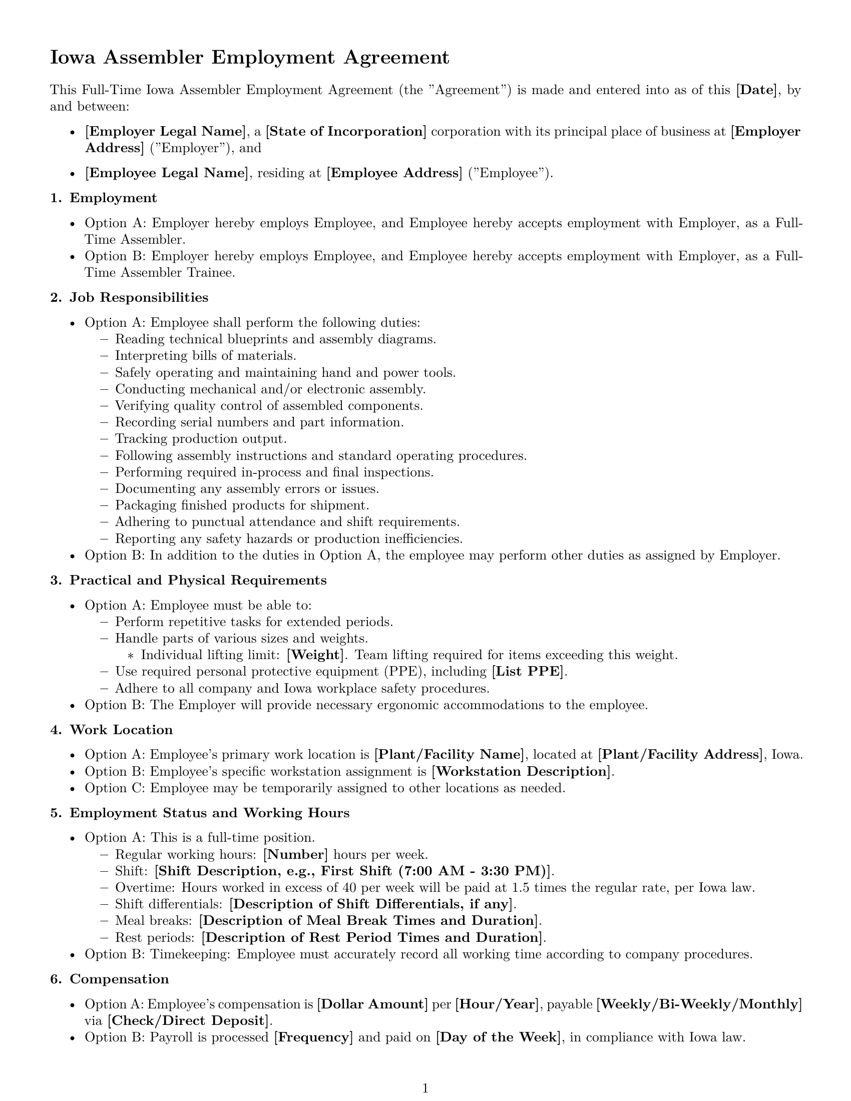 Preview page 1 of Free Iowa assembler employment contract template