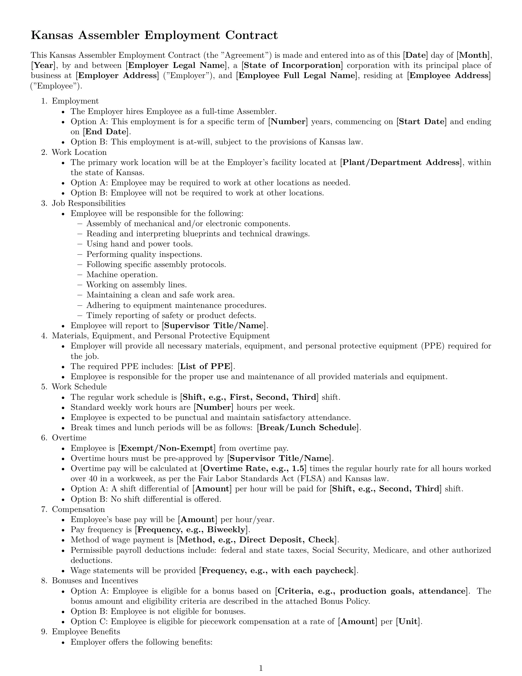Preview page 1 of Free Kansas assembler employment contract template
