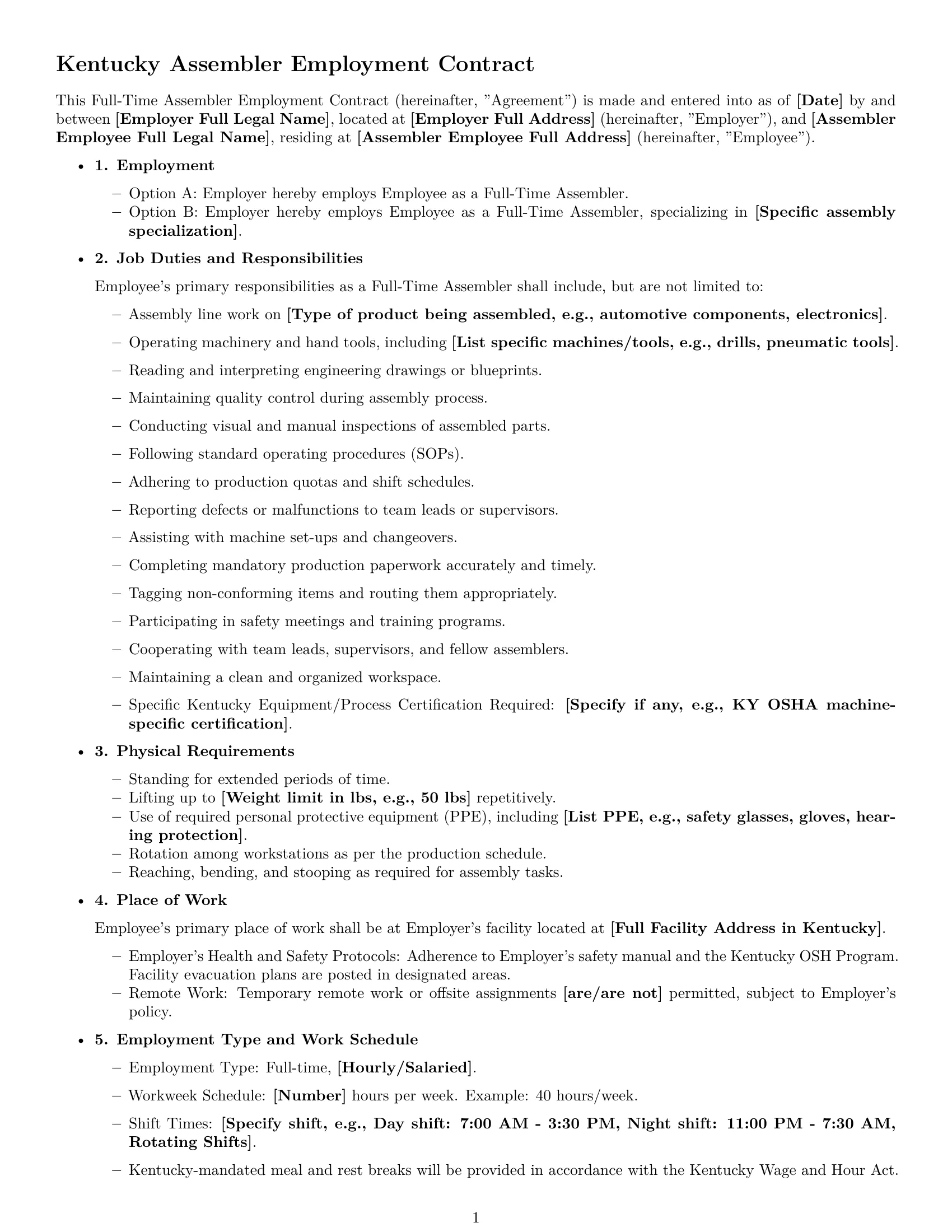 Preview page 1 of Free Kentucky assembler employment contract template