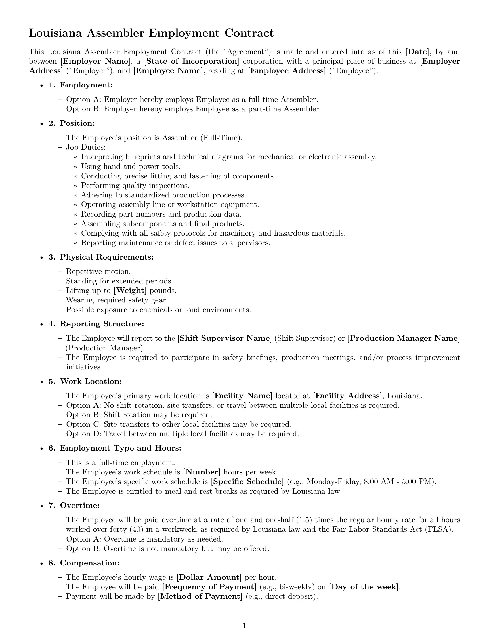 Preview page 1 of Free Louisiana assembler employment contract template