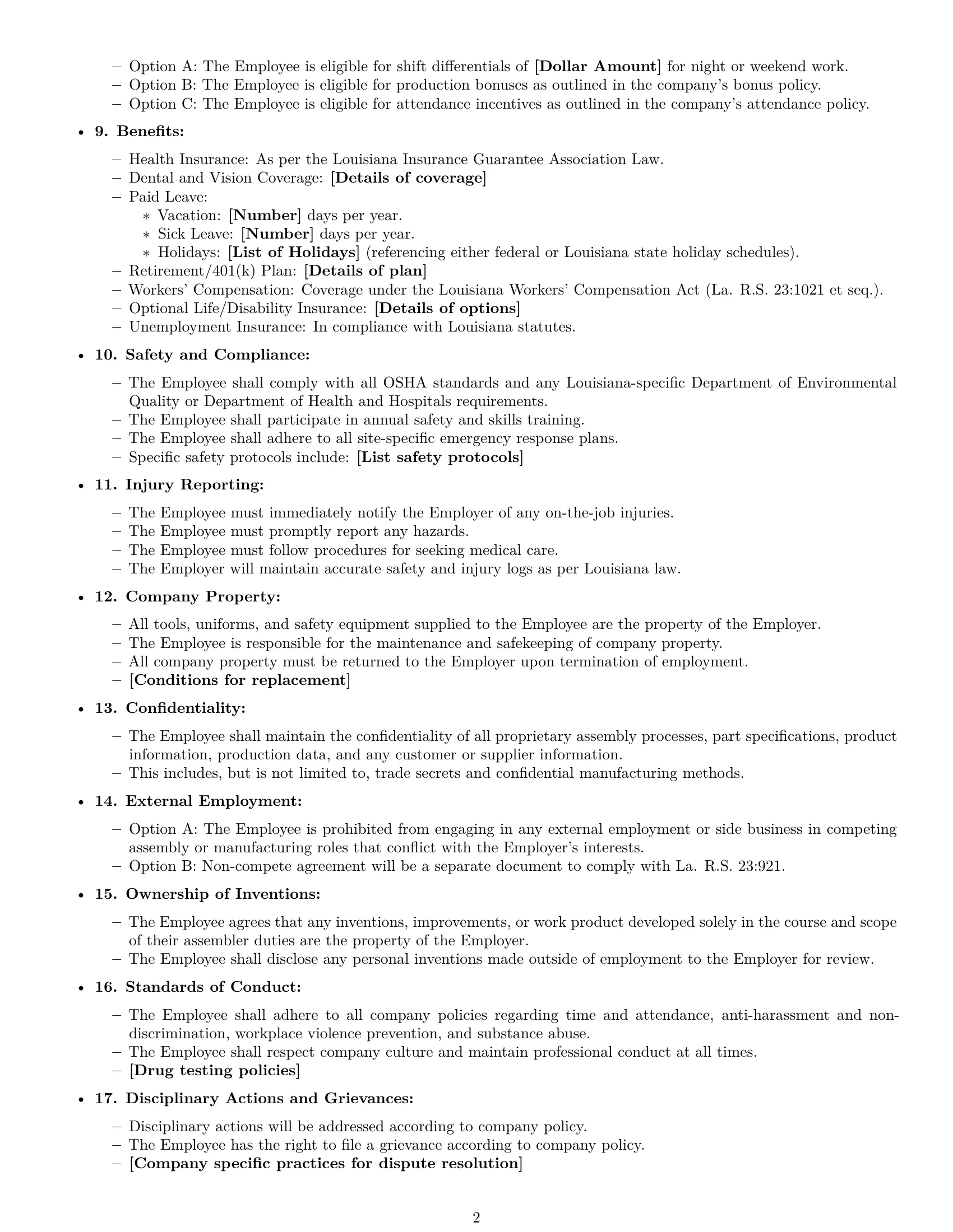 Preview page 2 of Free Louisiana assembler employment contract template