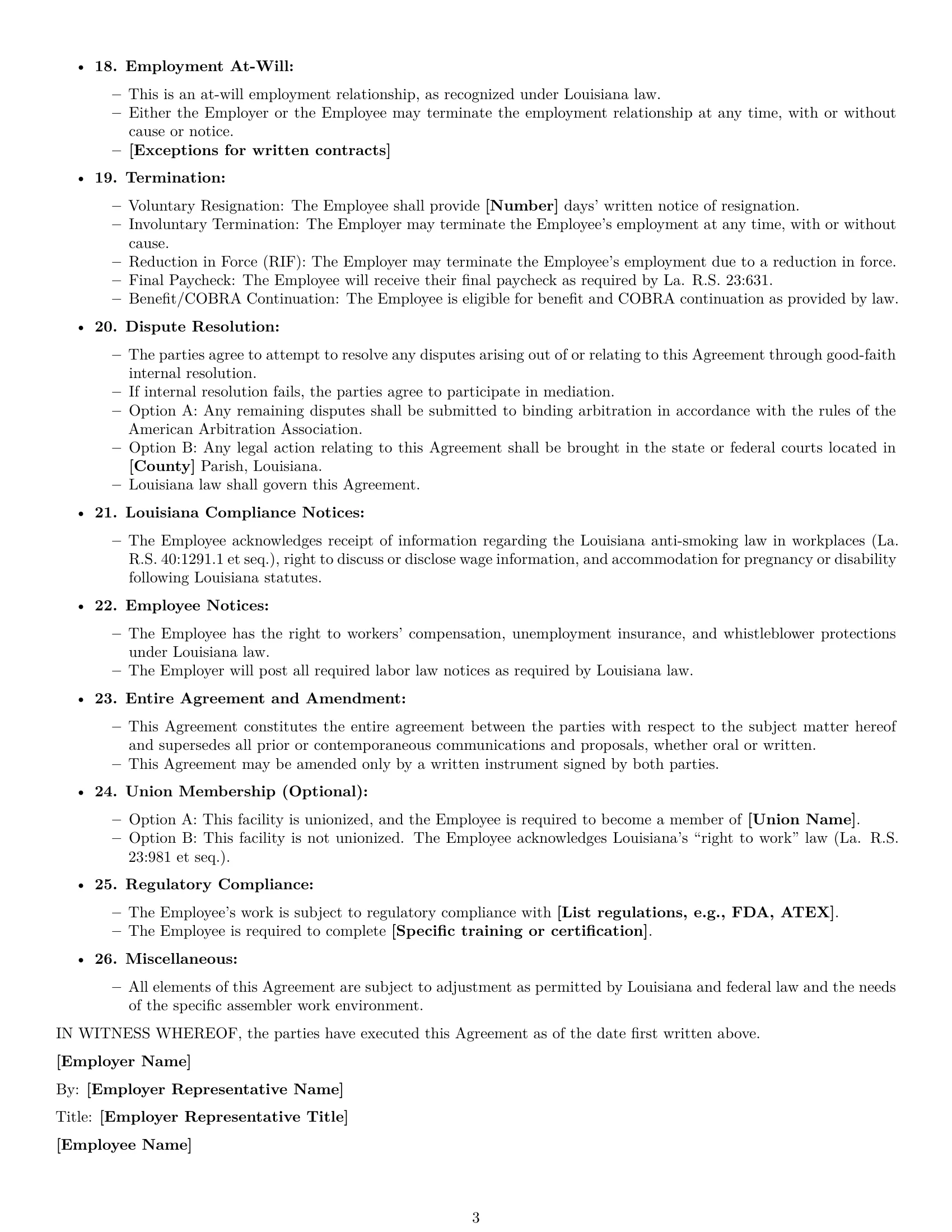 Preview page 3 of Free Louisiana assembler employment contract template