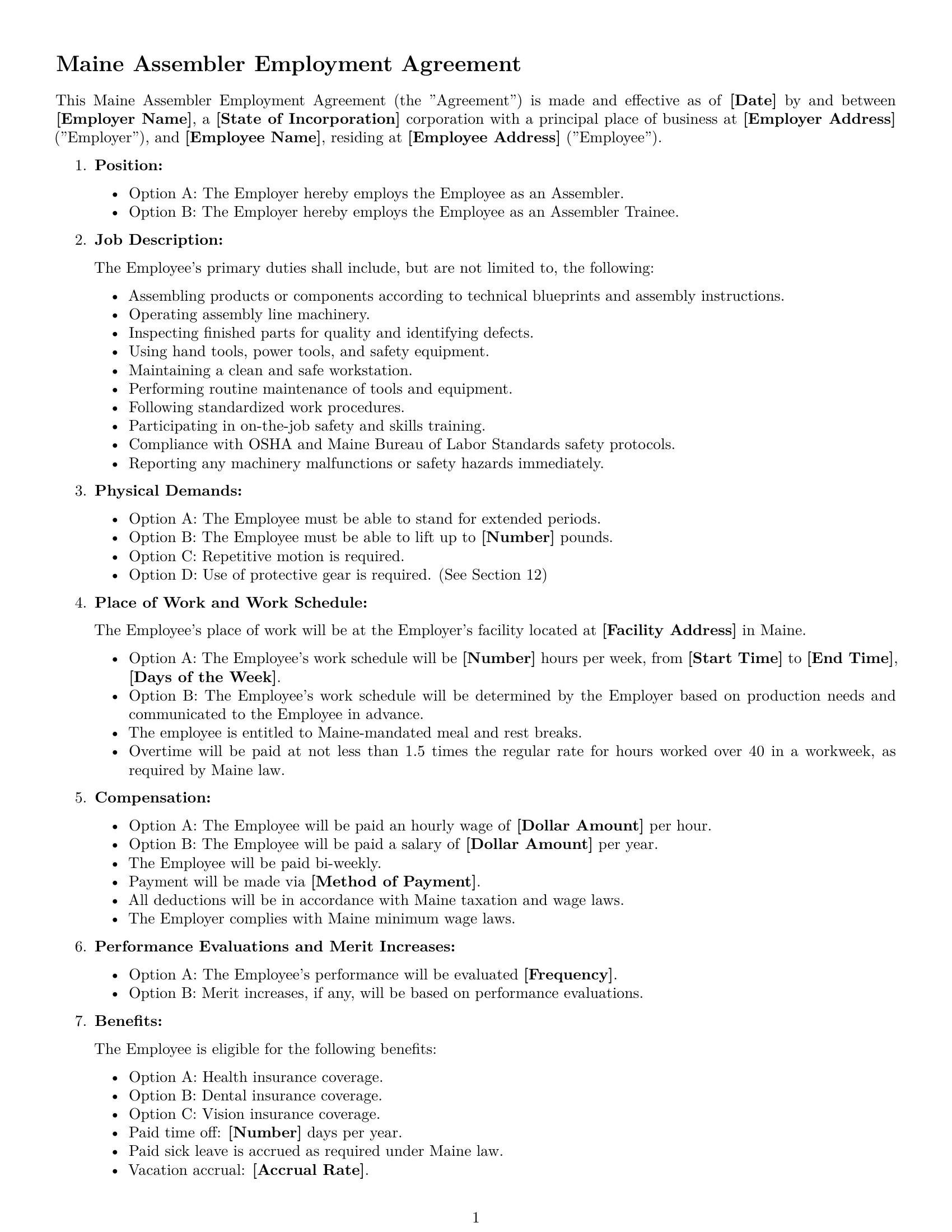 Preview page 1 of Free Maine assembler employment contract template