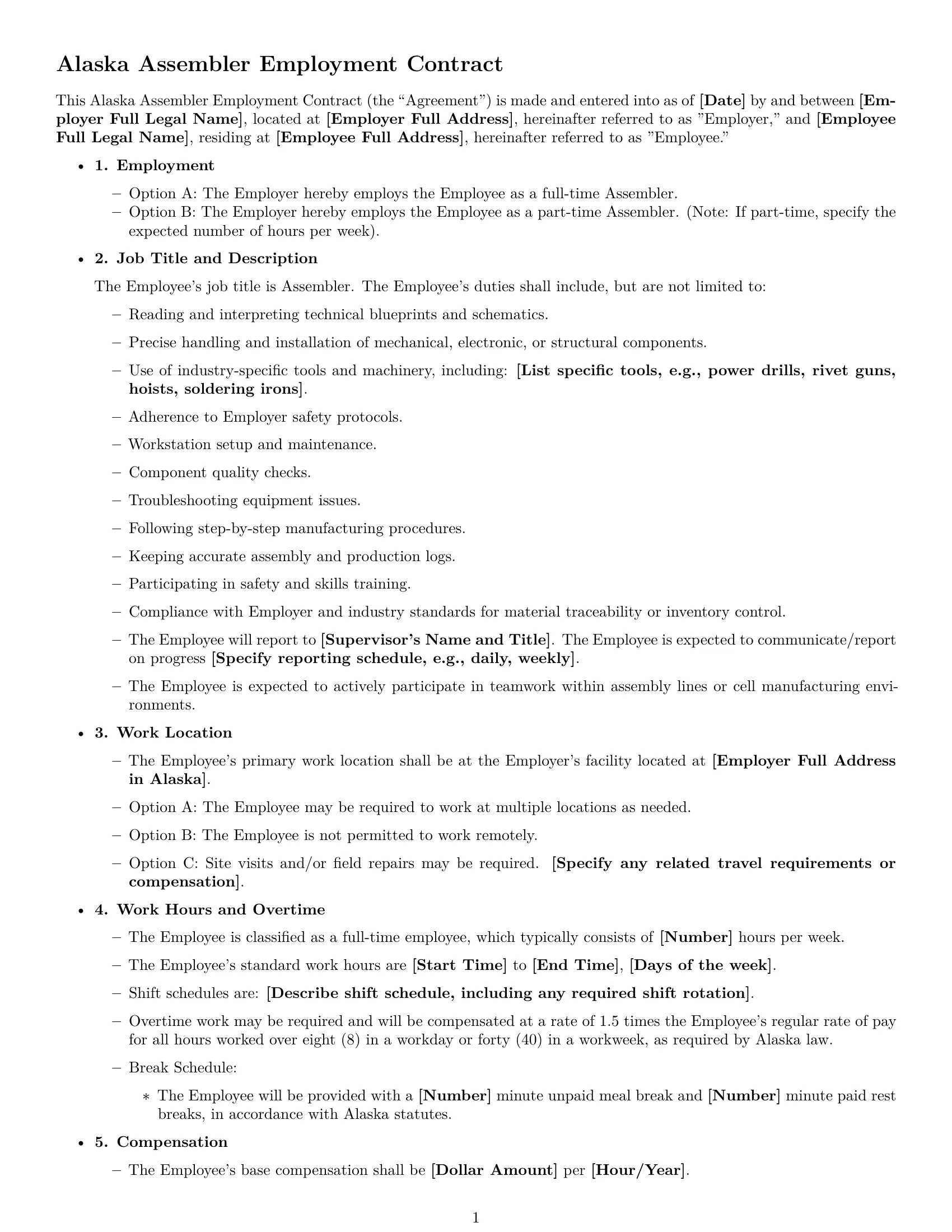 Preview page 1 of Free Alaska assembler employment contract template