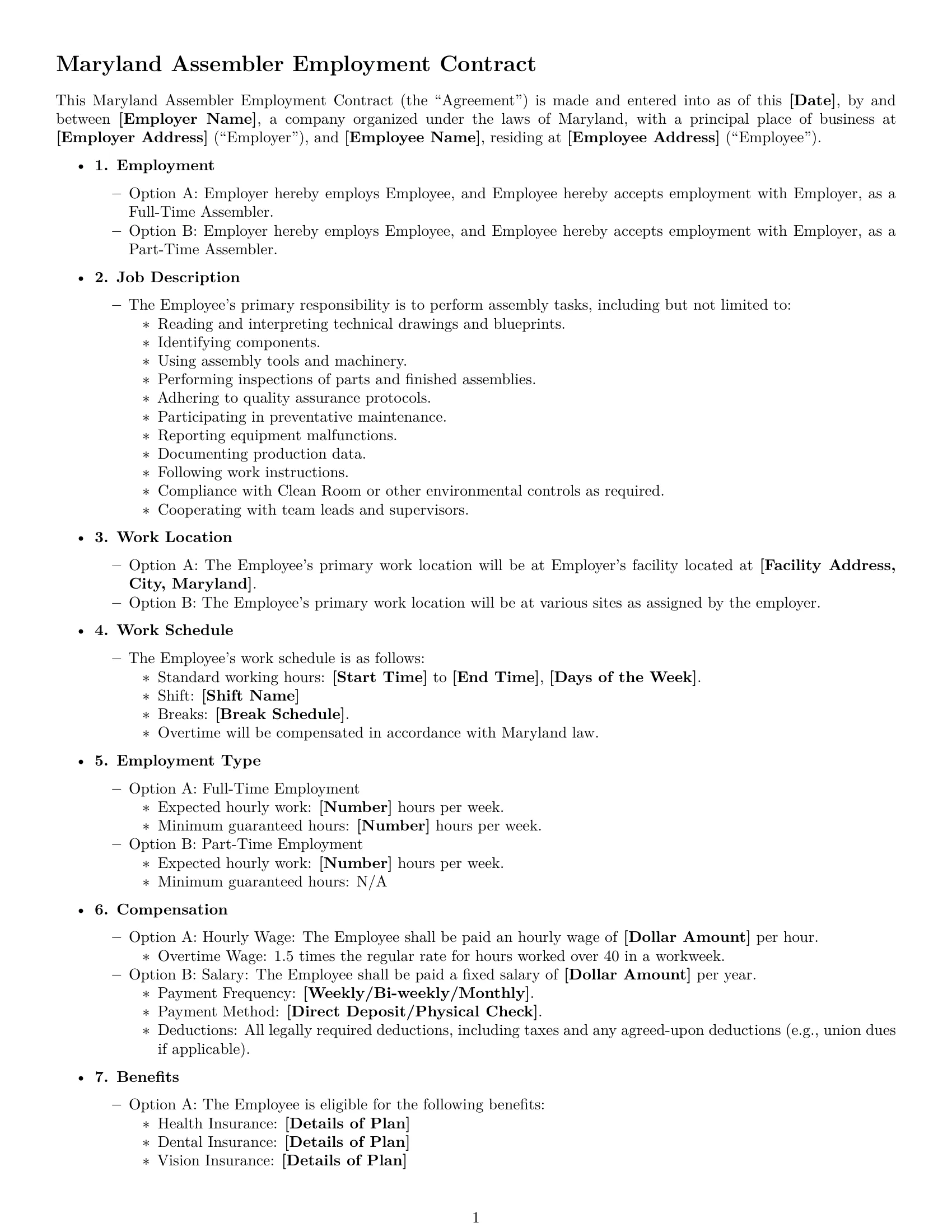 Preview page 1 of Free Maryland assembler employment contract template