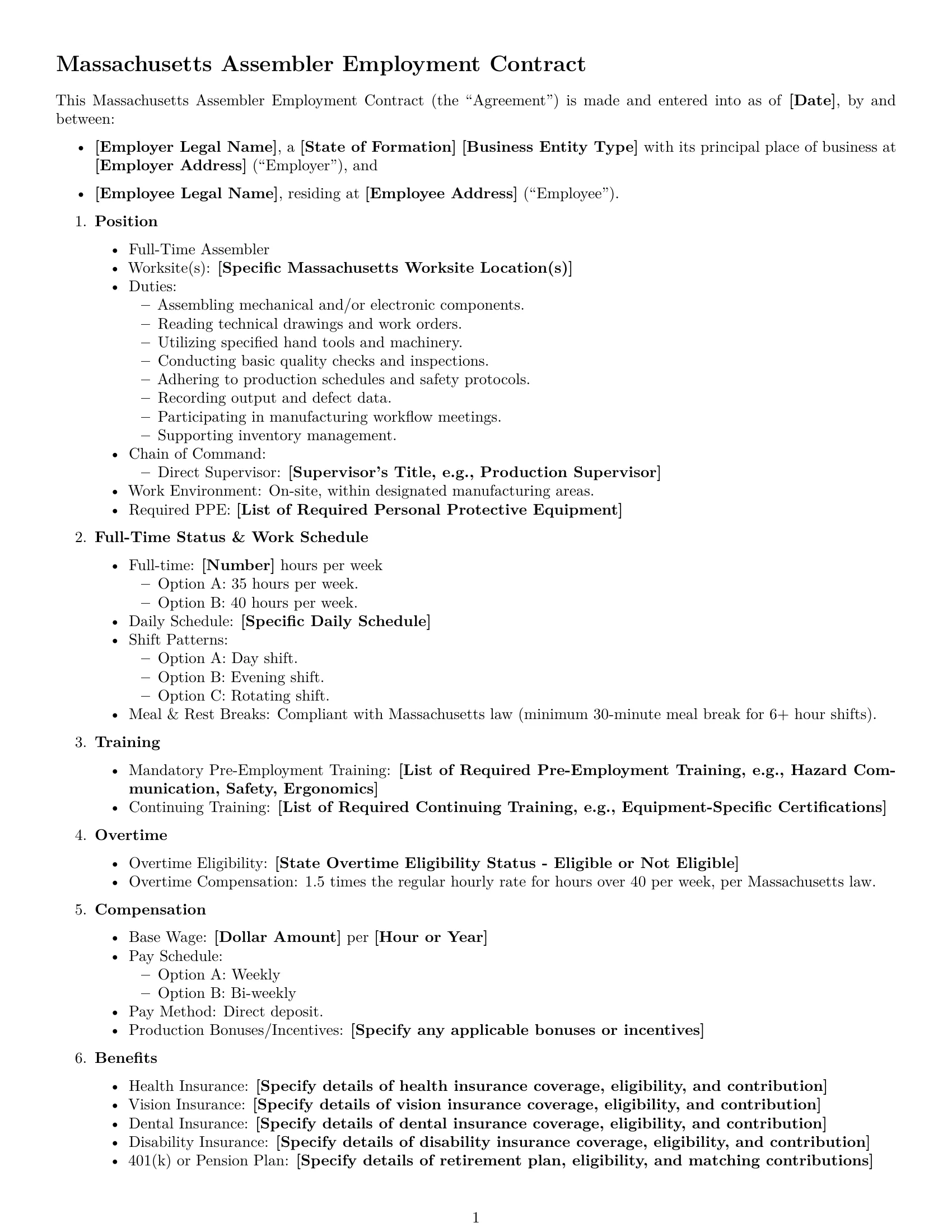 Preview page 1 of Free Massachusetts assembler employment contract template