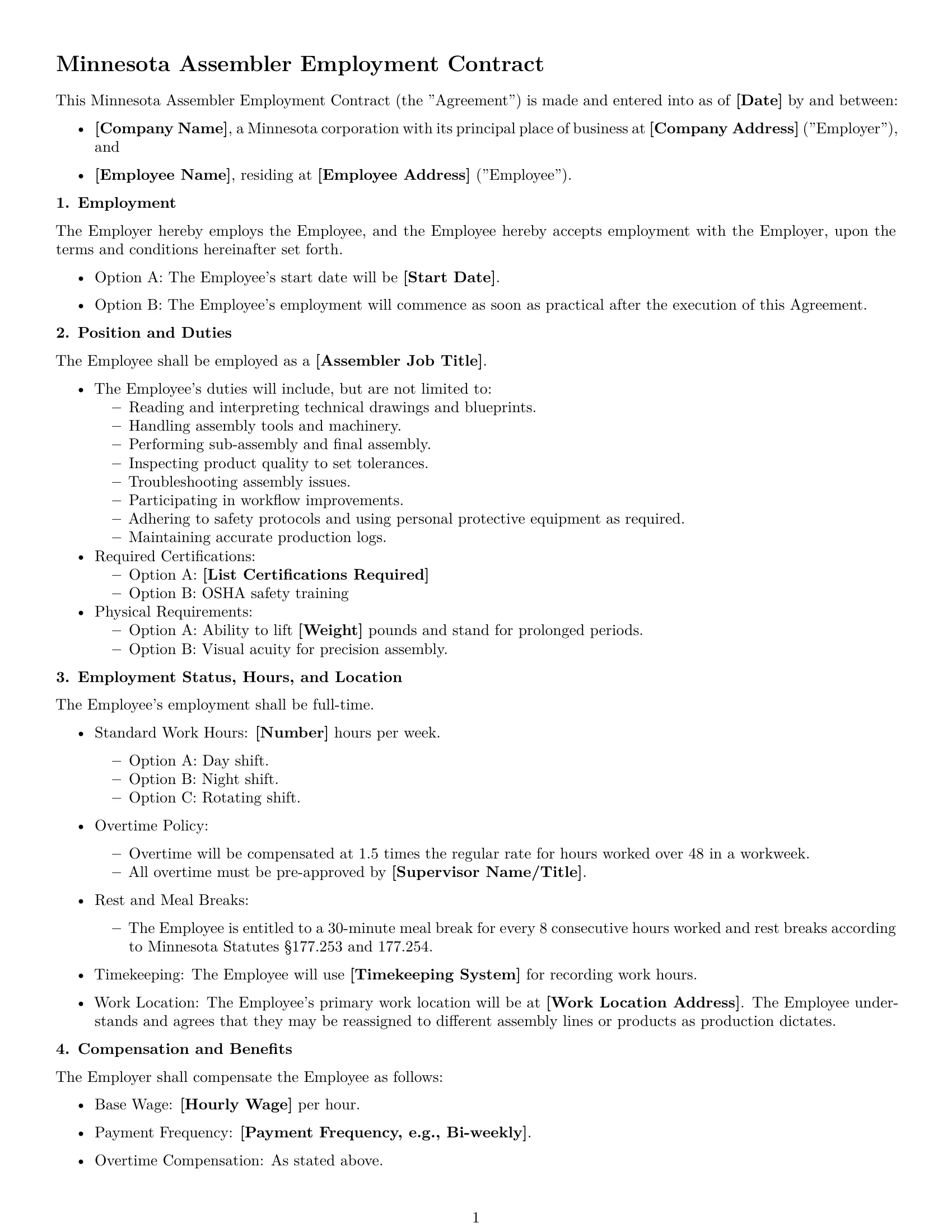 Preview page 1 of Free Minnesota assembler employment contract template