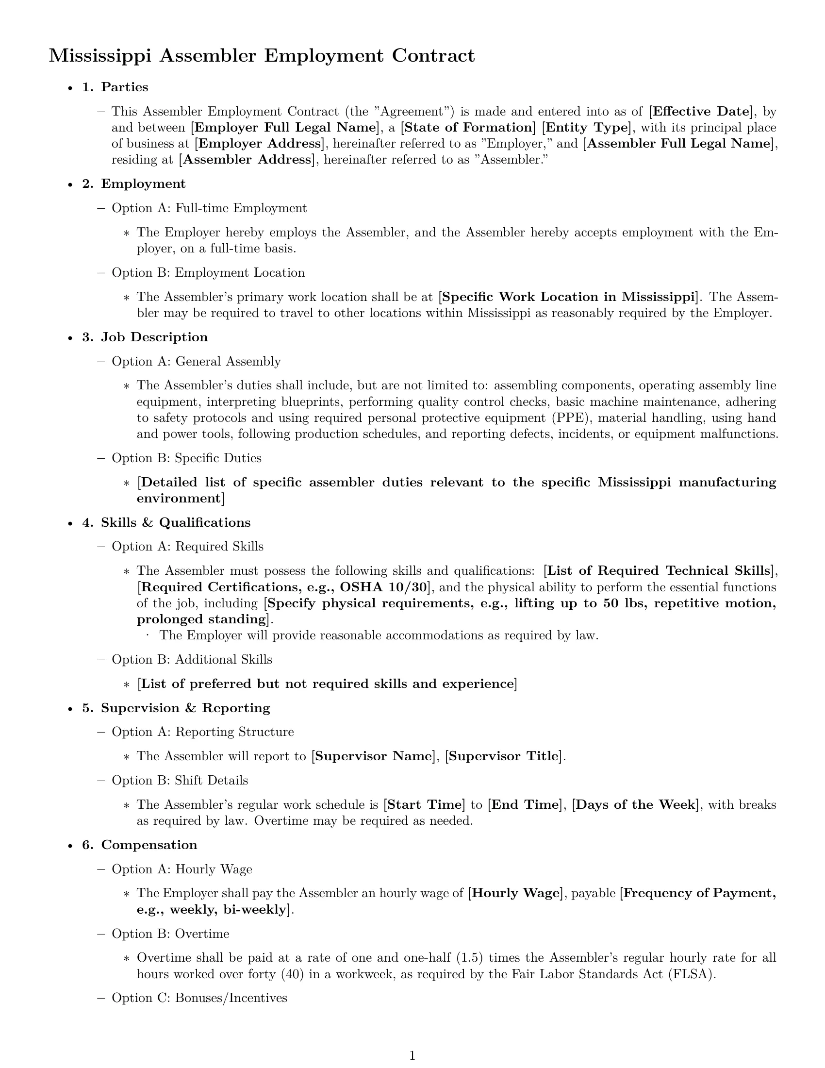 Preview page 1 of Free Mississippi assembler employment contract template