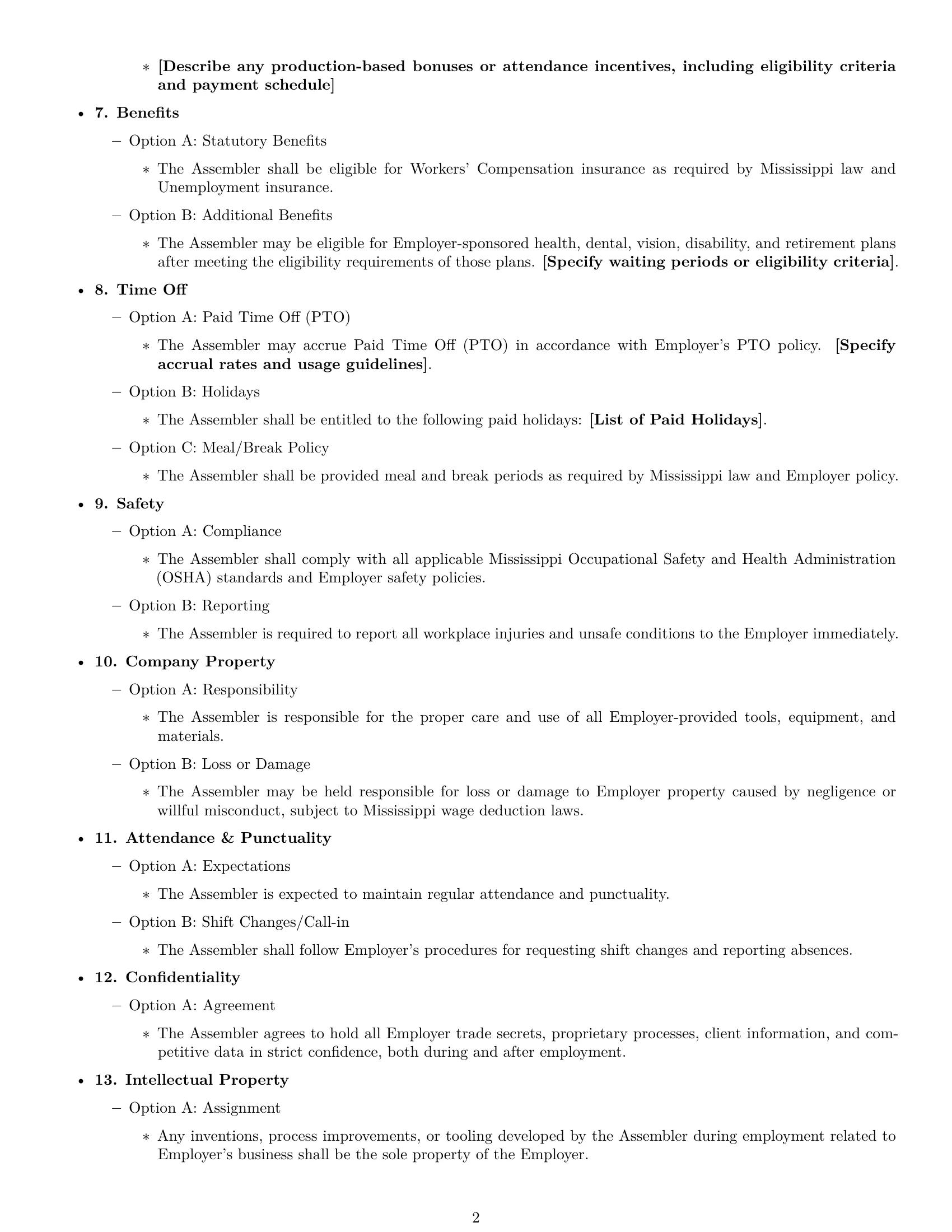 Preview page 2 of Free Mississippi assembler employment contract template