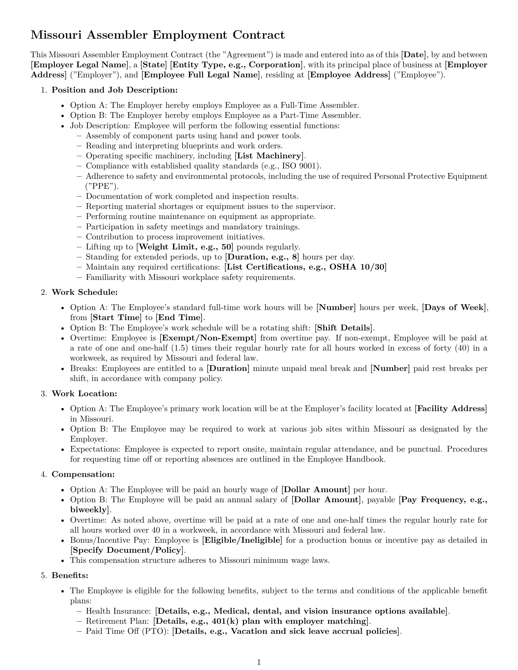 Preview page 1 of Free Missouri assembler employment contract template