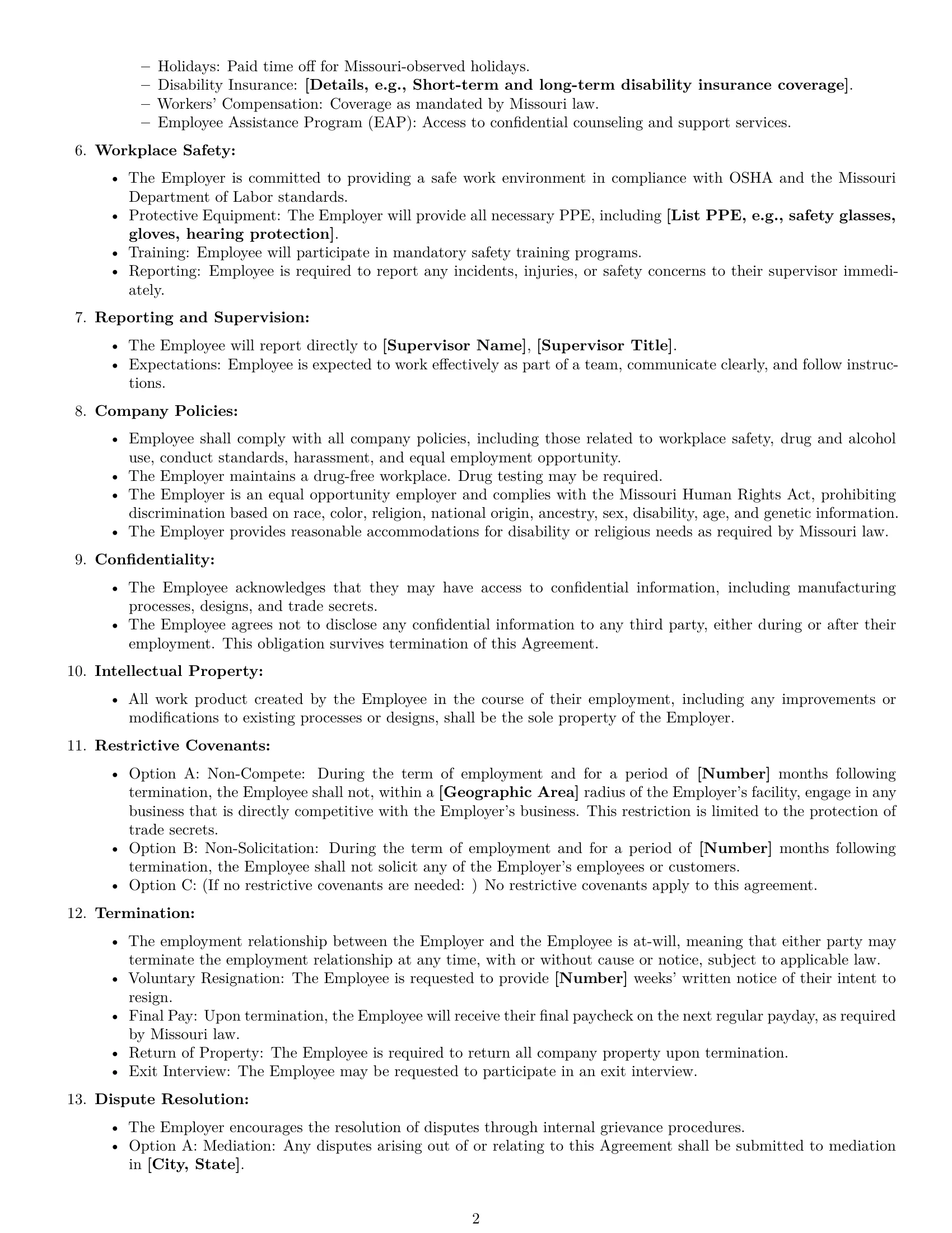Preview page 2 of Free Missouri assembler employment contract template