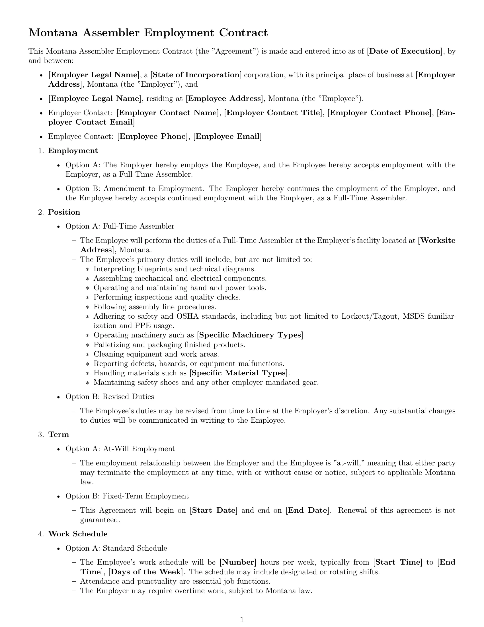 Preview page 1 of Free Montana assembler employment contract template