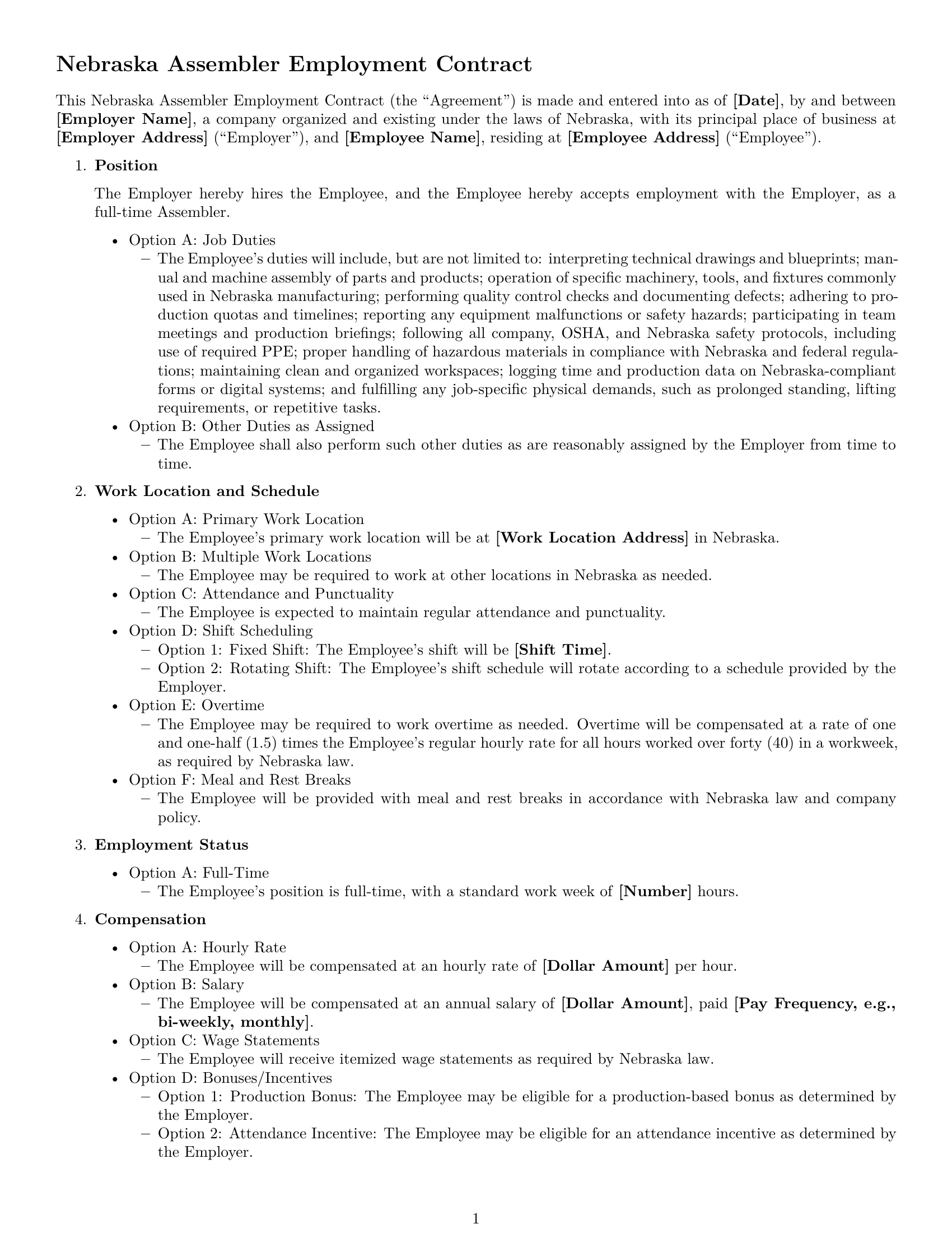 Preview page 1 of Free Nebraska assembler employment contract template